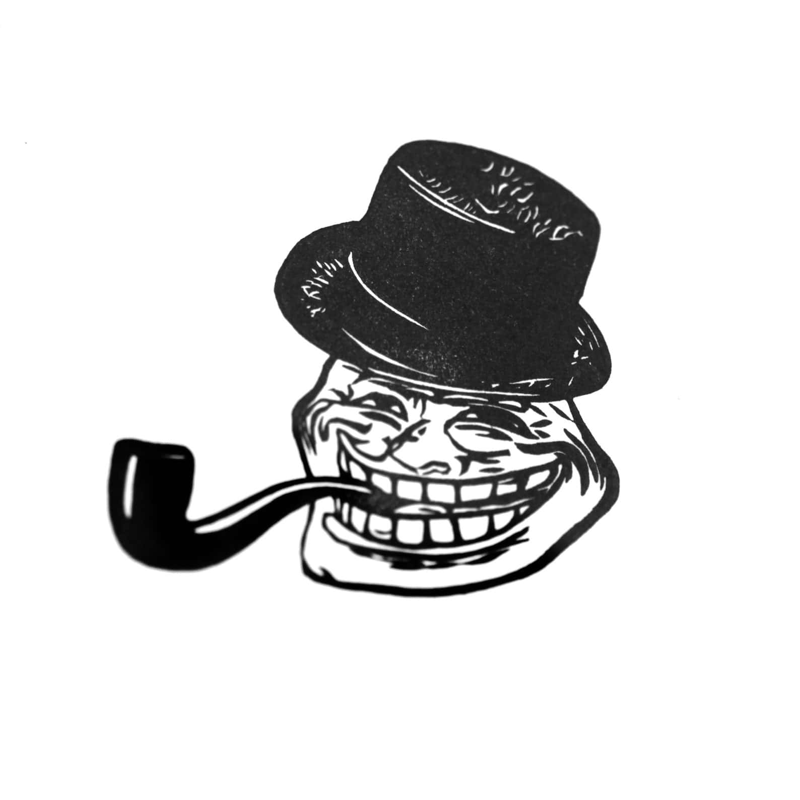 戴著高帽抽煙斗的 troll 臉黑白線條藝術。