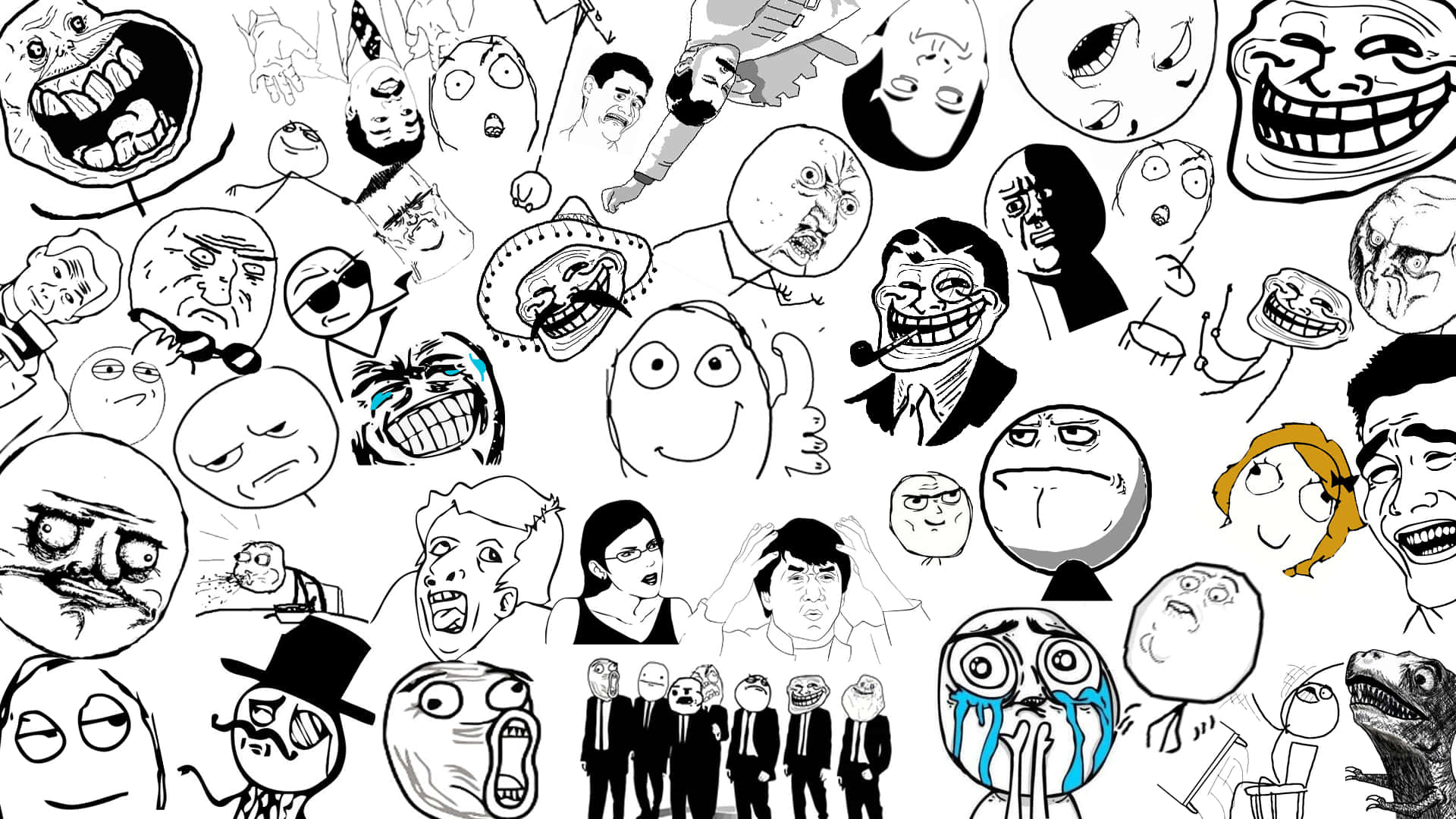 Troll 素描搞笑表情圖 壁紙 — 黑白、極具表現力的網絡迷因和卡通面孔的混亂拼貼。