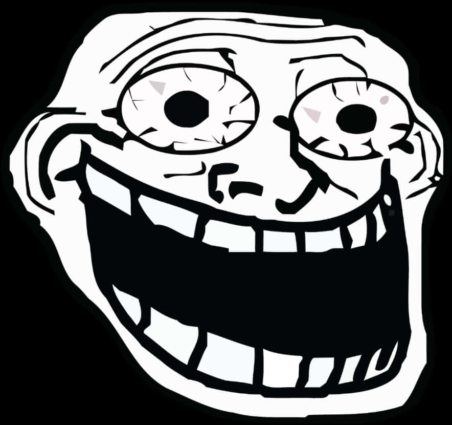 Trollface網路迷因圖像 壁紙 — 一個鮮明的黑白卡通臉孔，睜大眼睛，露出狂笑，背景是純黑色。