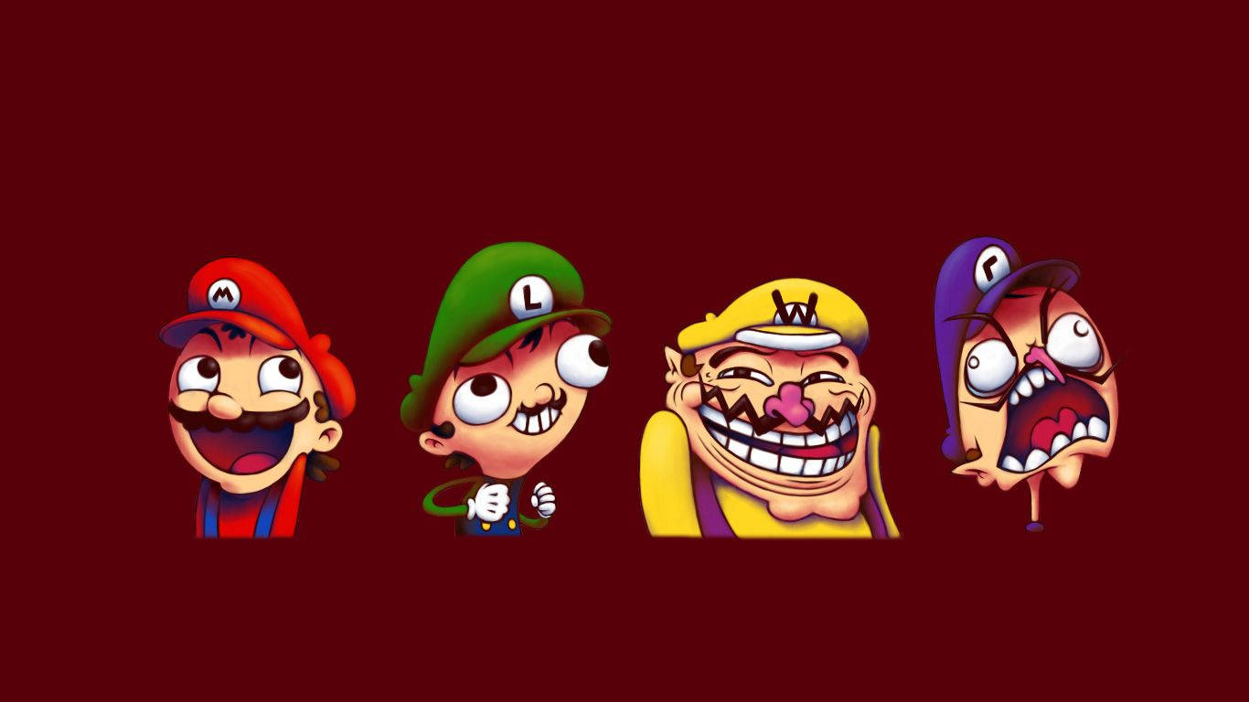Trollface 告訴你，它知道你不知道的事。 壁紙 — 四個誇張的卡通角色帶著狂野的表情，站在深紅色背景前。