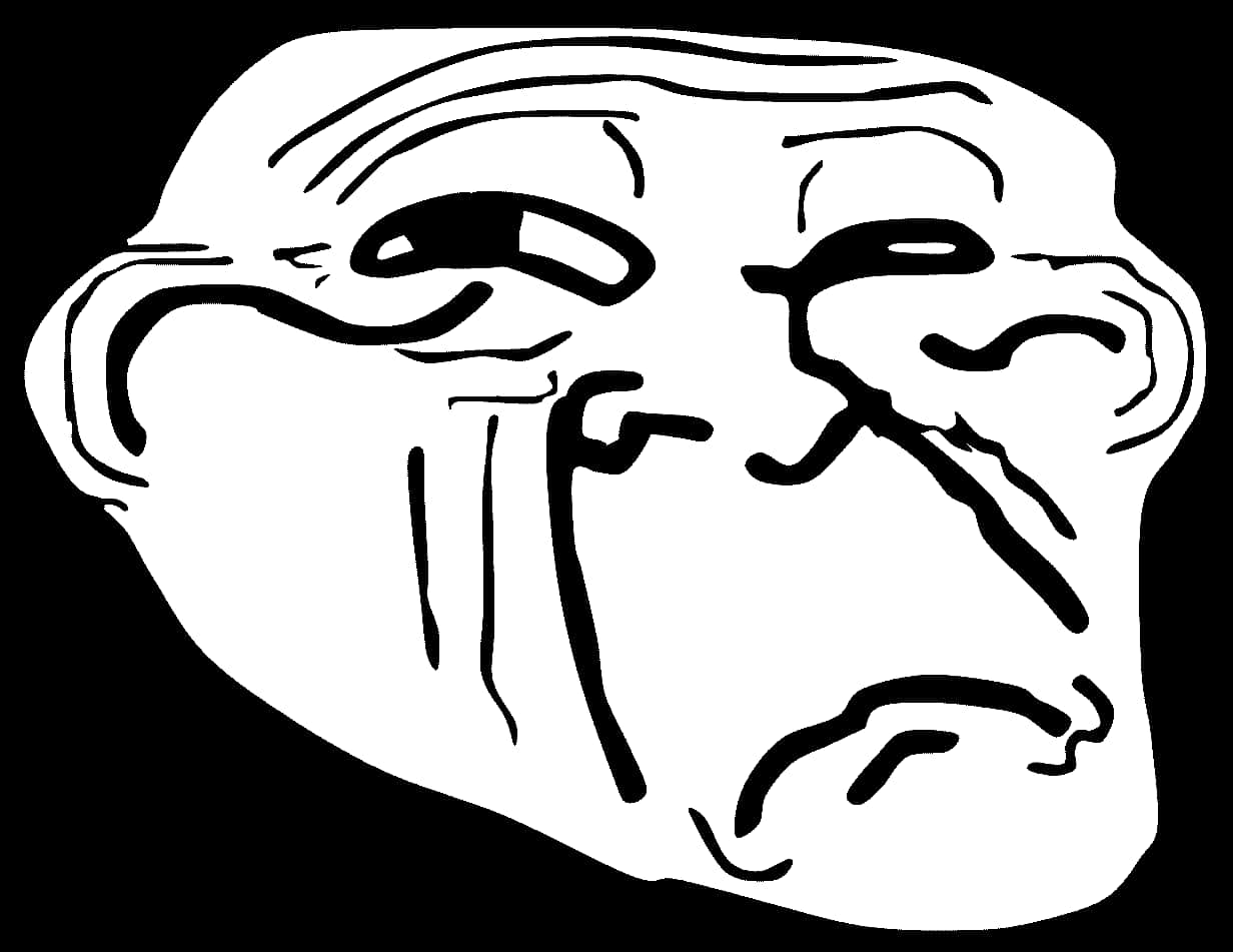 黑白線條藝術風格的搞怪臉部表情，呈現憂鬱的 Troll Face PNG 圖像