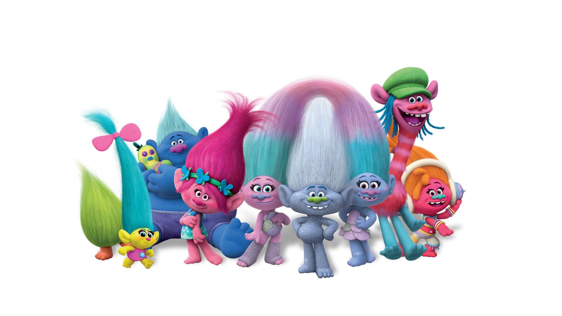 Trolls 2016電影卡司 壁紙 — 一群色彩繽紛的巨魔角色，擁有誇張的髮型和歡樂的表情，一起擺姿勢。
