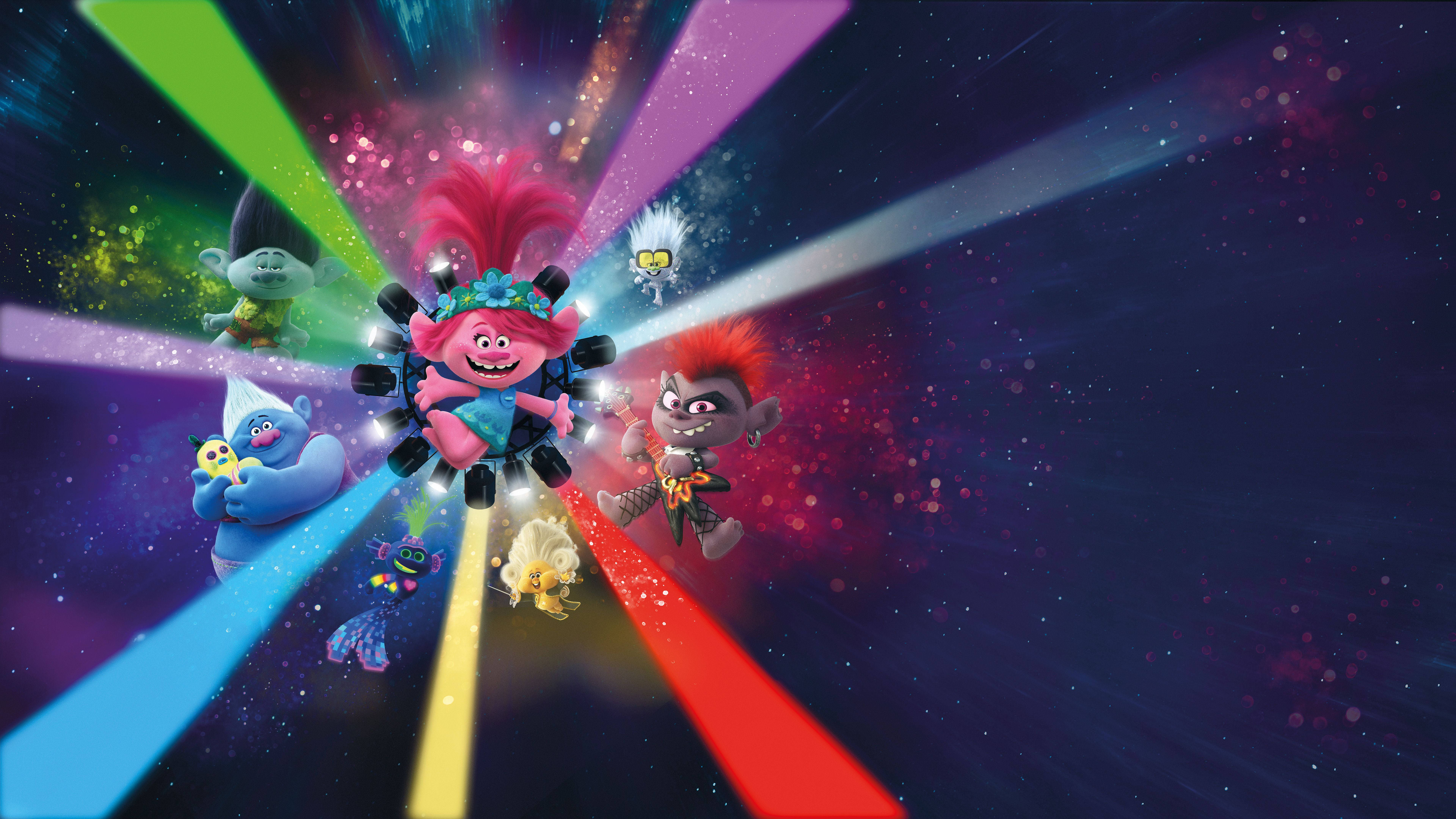 Trolls World Tour 電影卡司 壁紙 — 充滿活力的動畫巨魔飛過宇宙星系，中央角色散發出色彩繽紛的激光束。