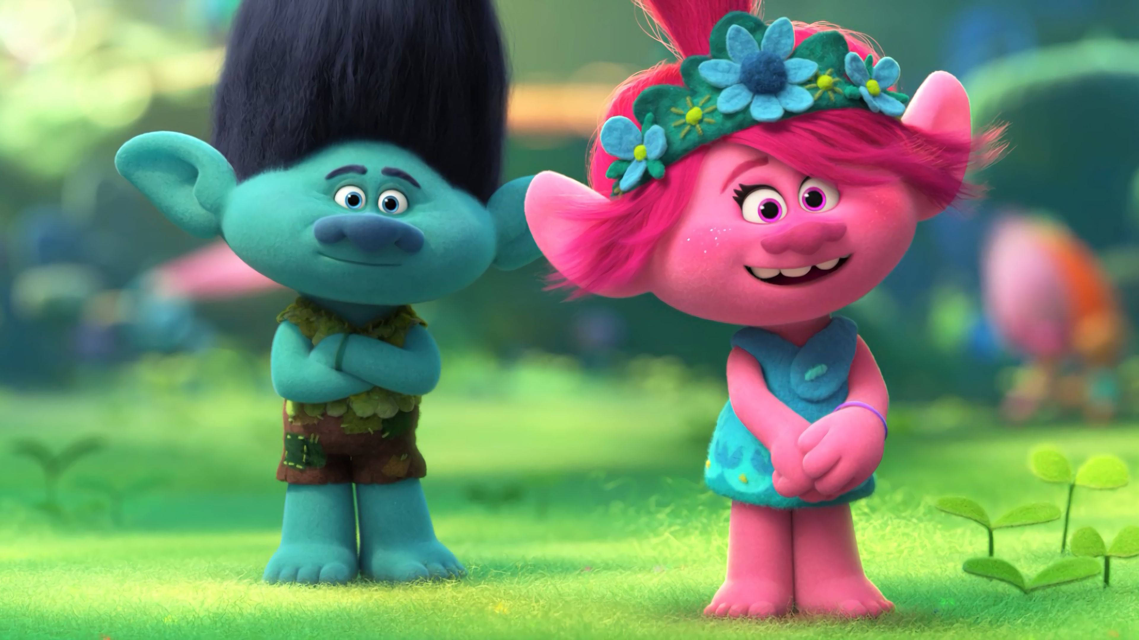Trolls 女王Poppy與她的男友 壁紙 — 兩個開心的動畫巨魔站在陽光明媚的草地上，一個藍色交叉雙臂，另一個粉紅色戴著花冠，燦爛地微笑。