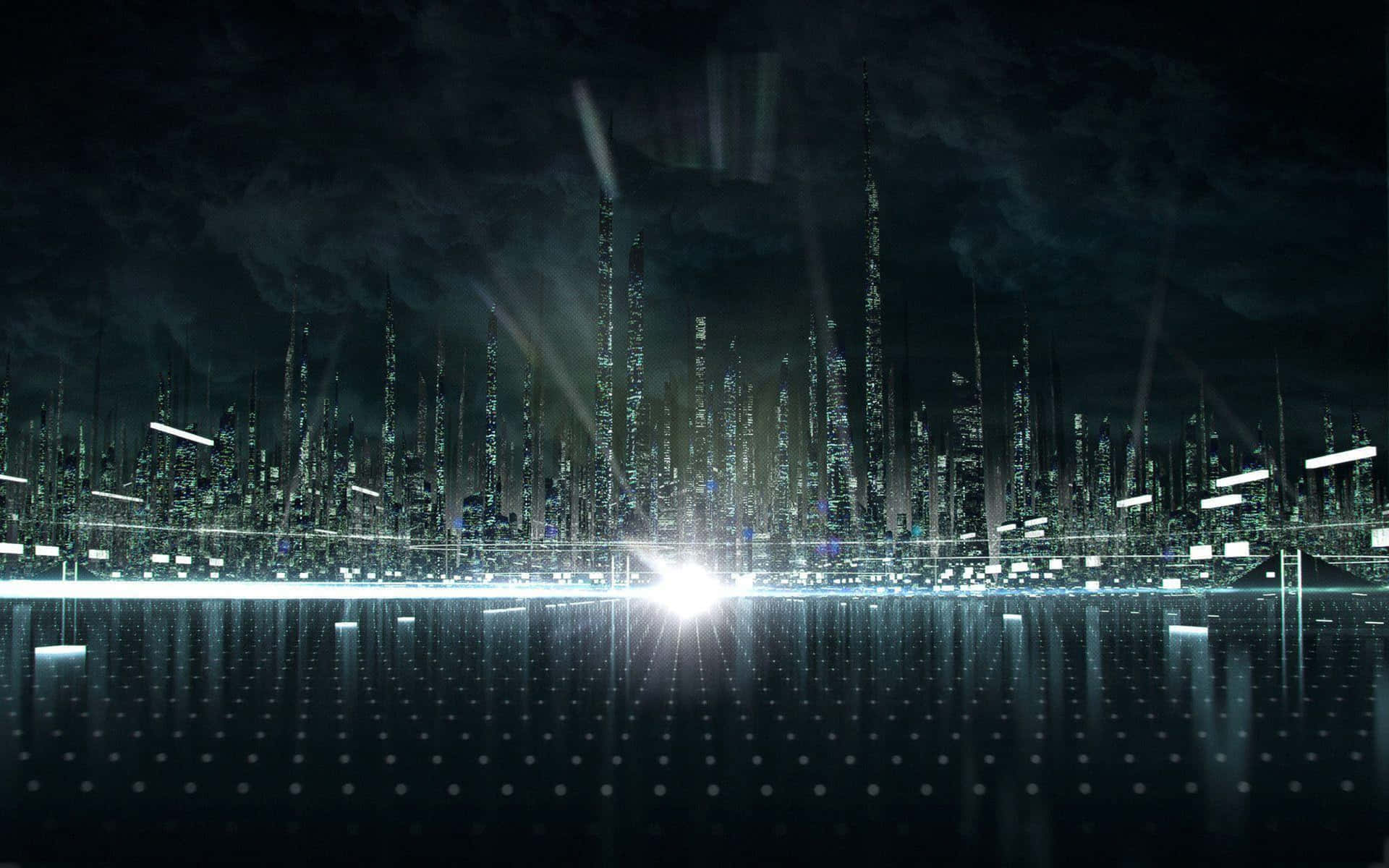 未來城市夜景，閃爍的塔樓倒映在漆黑的水中。 — 創戰紀 壁紙