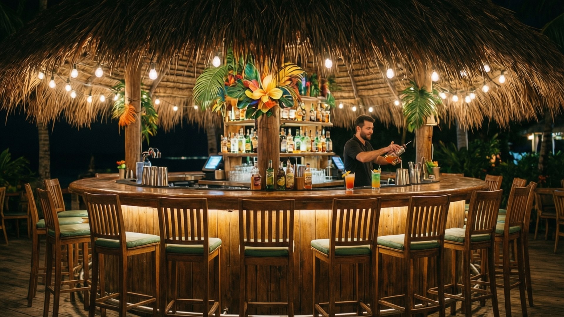 Margaritaville Night Bar 壁紙 — 一位調酒師在熱帶海灘酒吧的茅草屋頂下調製飲品，夜晚被串燈照亮。