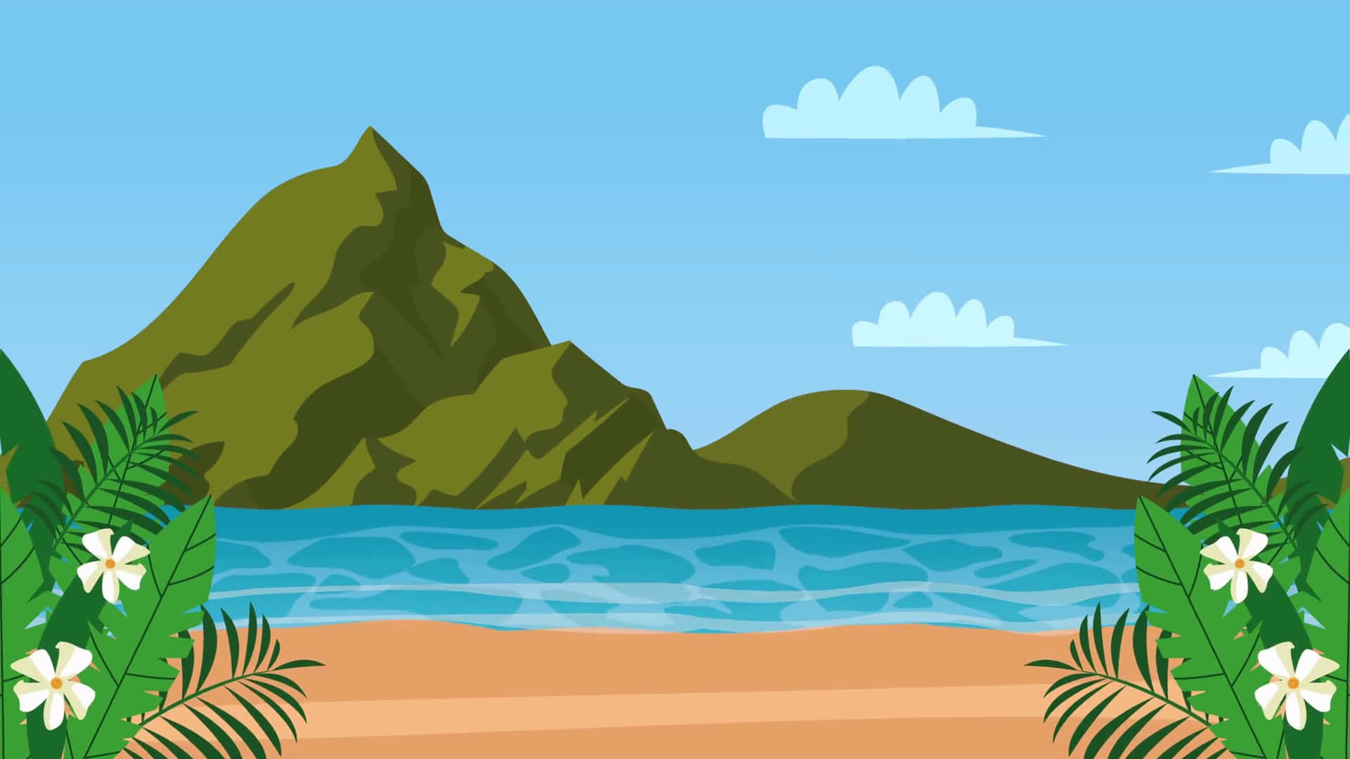  壁紙 — 熱帶海灘場景，棕櫚葉和雞蛋花框住碧綠的海水和一座綠山，天空清澈湛藍。