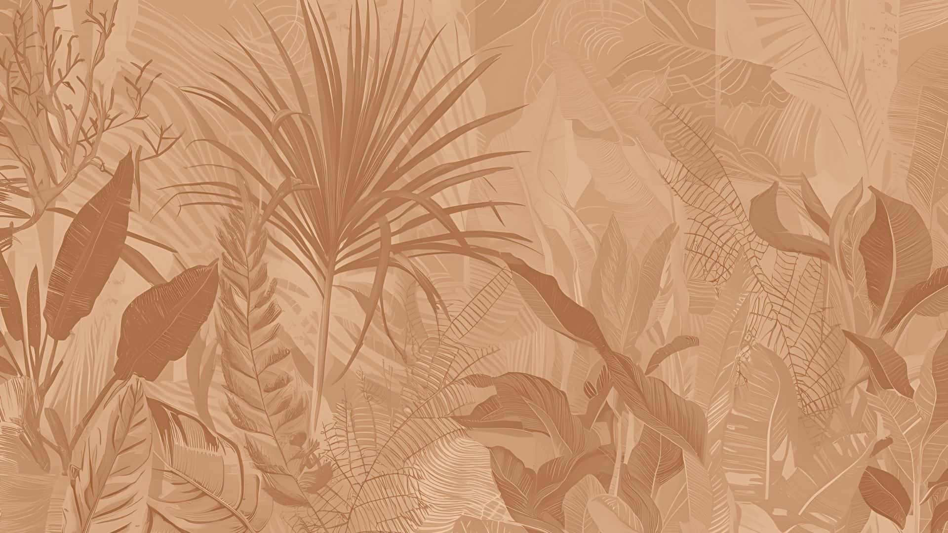  壁紙 — 溫暖大地色調的熱帶葉子營造出密集分層的叢林牆紙圖案。