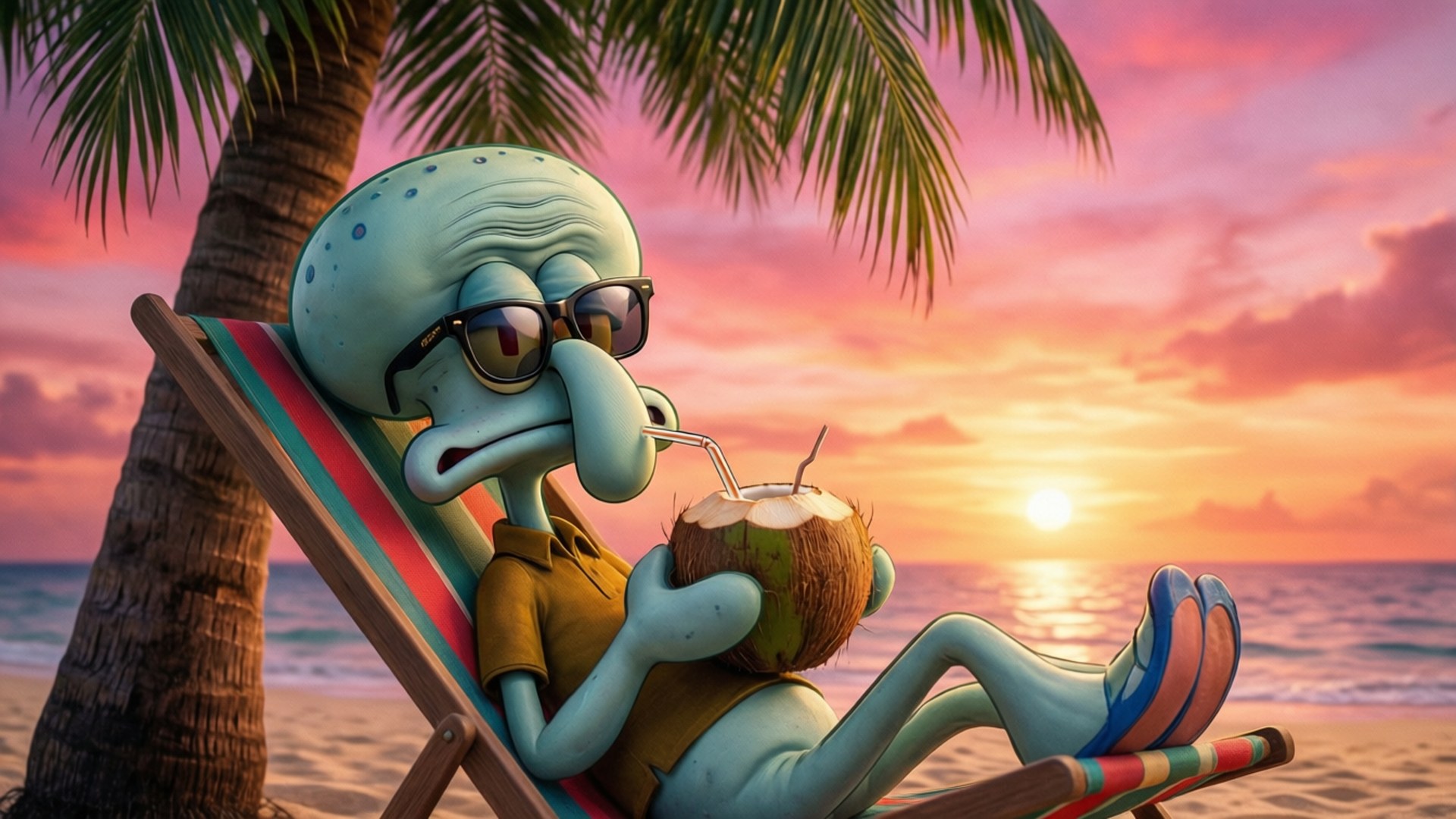 Squidward 躺在沙灘椅上，在日落時分啜飲椰子汁。