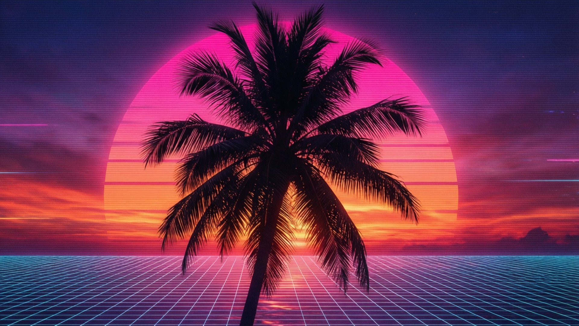 一棵棕櫚樹矗立在發光的網格海洋上，在充滿活力的粉紅色和橙色日落天空下。