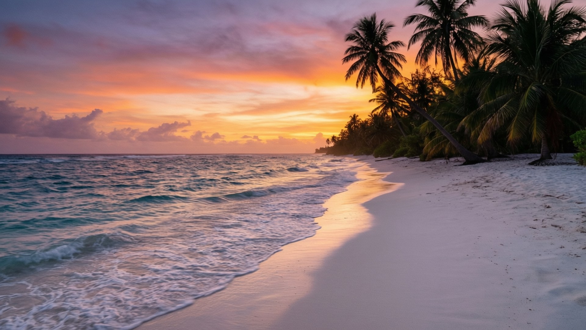 熱帶海灘上的夕陽，棕櫚樹和白色沙灘上的輕柔海浪