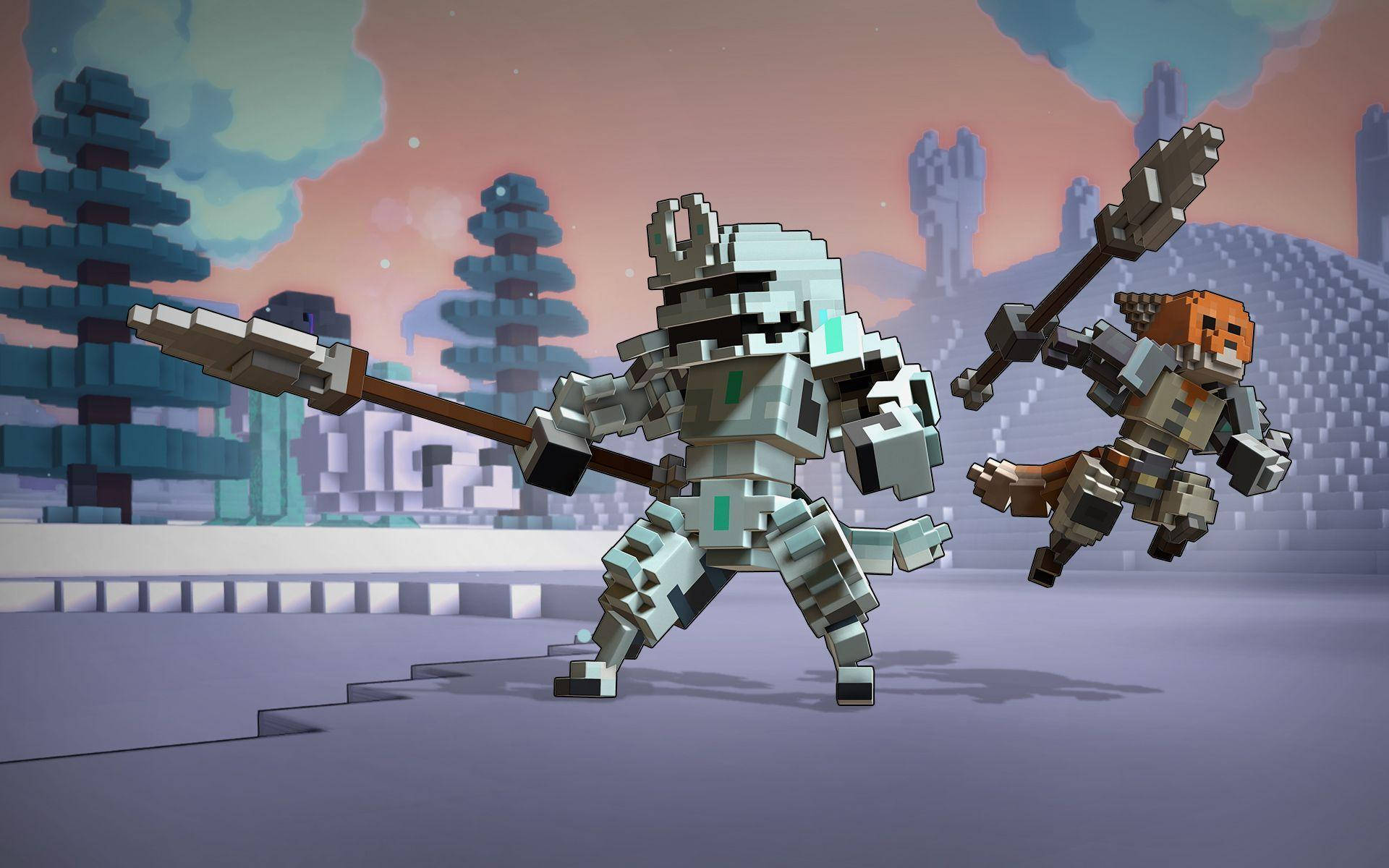 Trove 月光劍士騎士 壁紙 — 兩個像素藝術戰士在粉紅色和藍色的暮色天空下，在塊狀幻想景觀中碰撞。