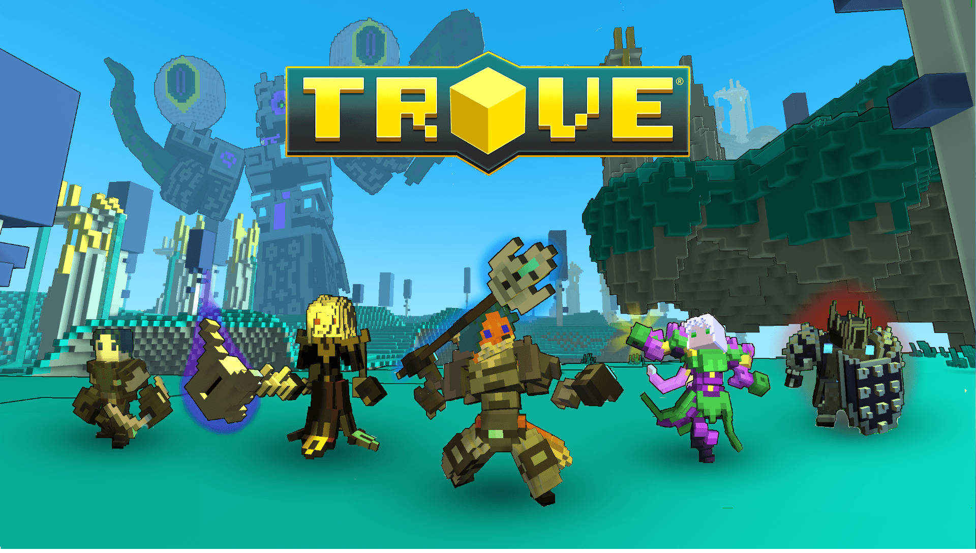 一群像素藝術冒險者身穿盔甲，在 Trove 遊戲世界中準備戰鬥。