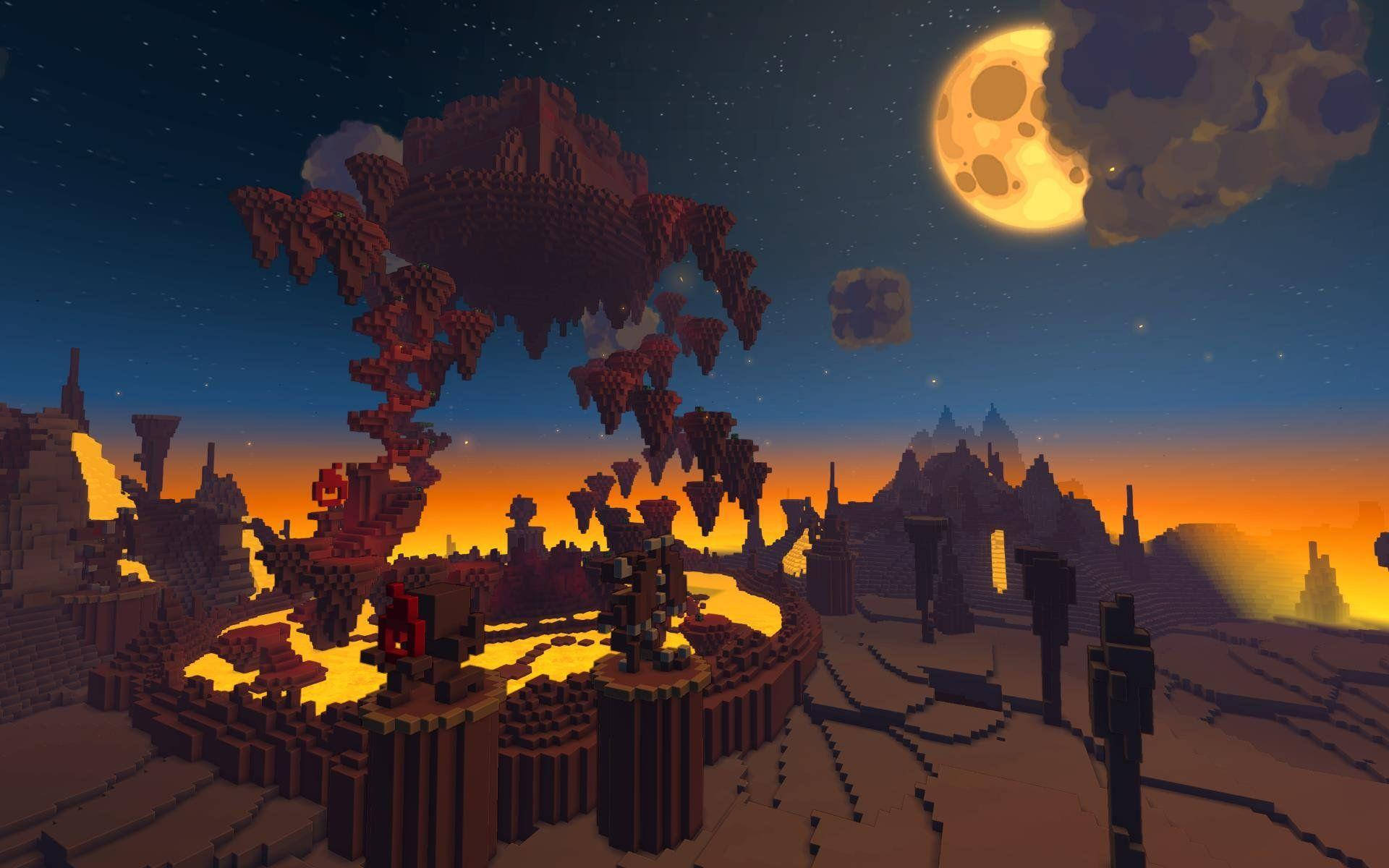 像素化Minecraft風格世界，巨大月亮下漂浮的樹木和發光熔岩在日落時分。