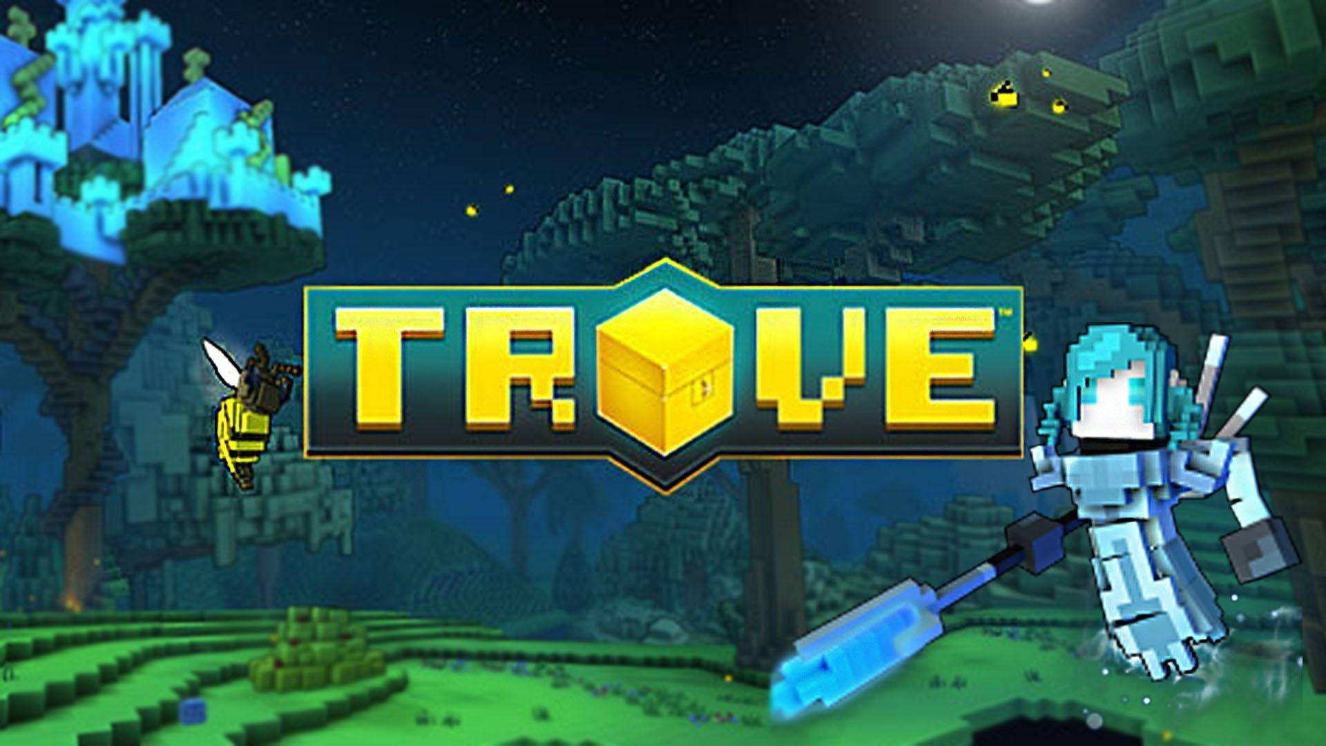 像素藝術遊戲 Trove 標誌，帶有發光劍角色和蜜蜂，在方塊奇幻夜場景中。