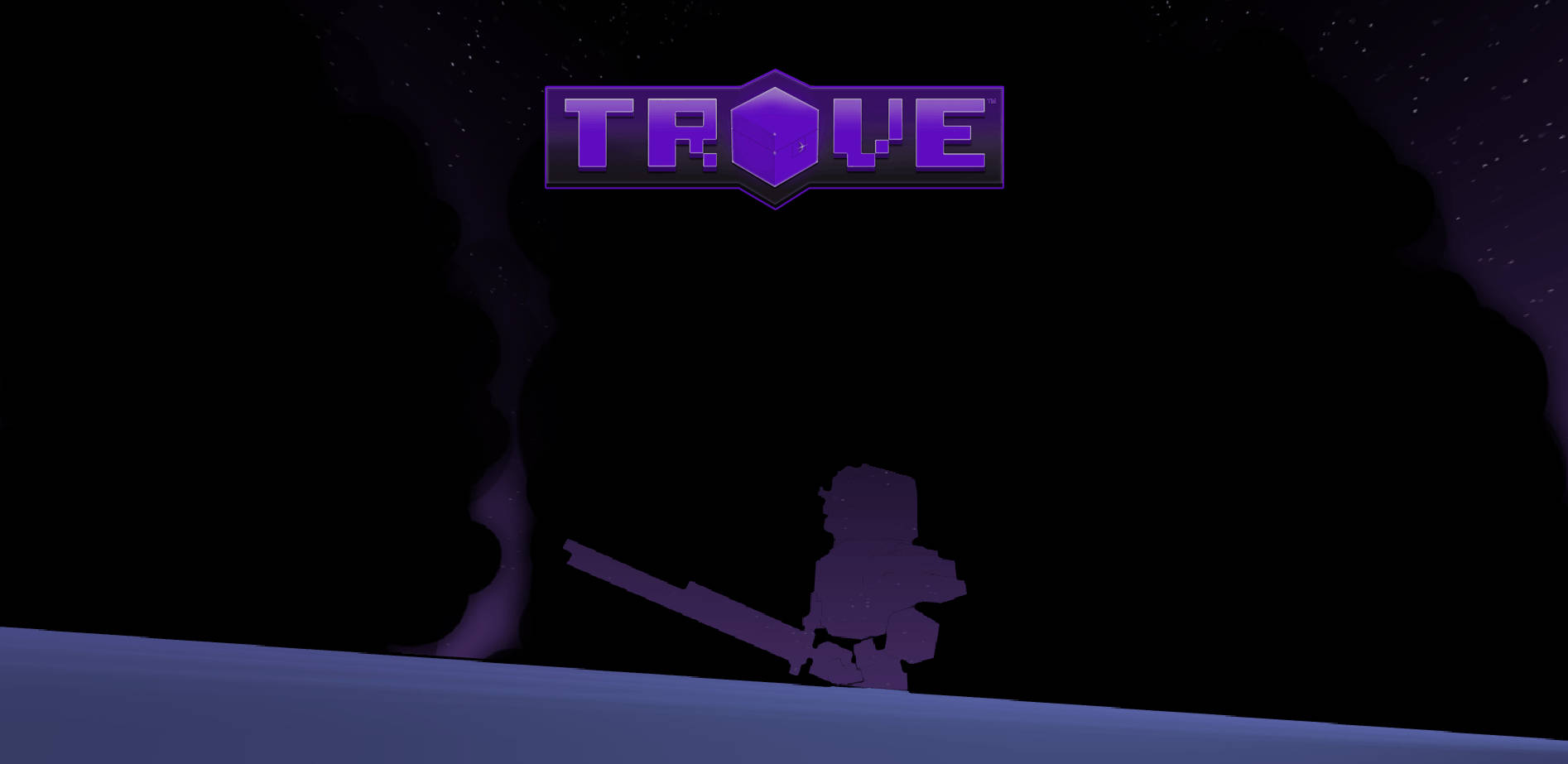 發光紫色 Trove 標誌喺夜晚揸住武器嘅角色剪影上面。