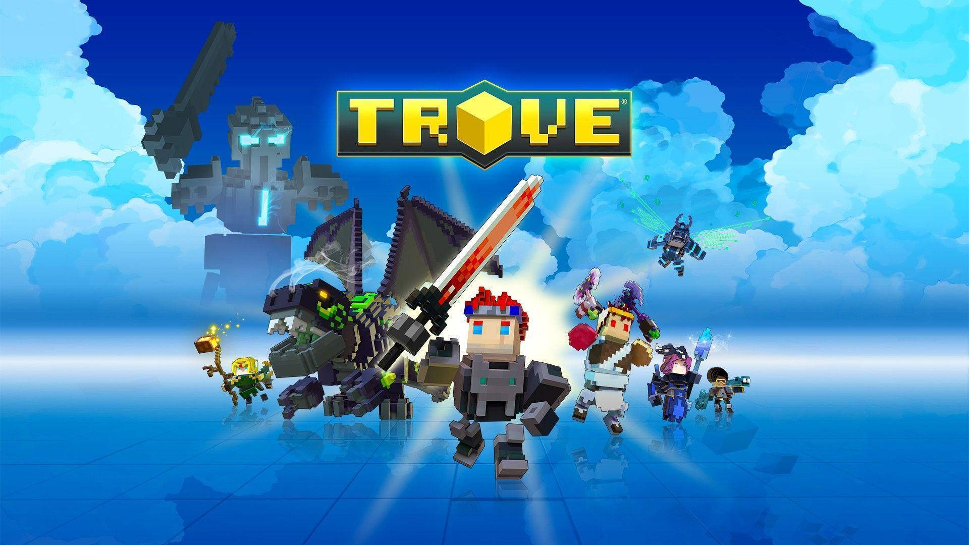 像素化遊戲角色和怪物在幻想戰鬥場景中，帶有 Trove 標誌。
