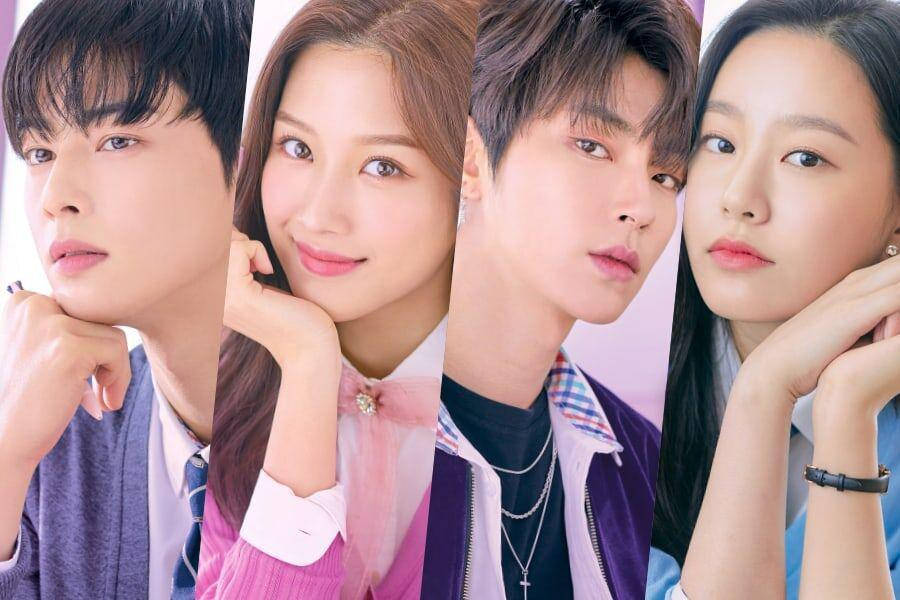 《True Beauty》四大主角特寫合輯 壁紙 — 四位年輕韓國演員在柔和粉彩背景前，以深思的表情穿著時尚服裝擺姿勢。