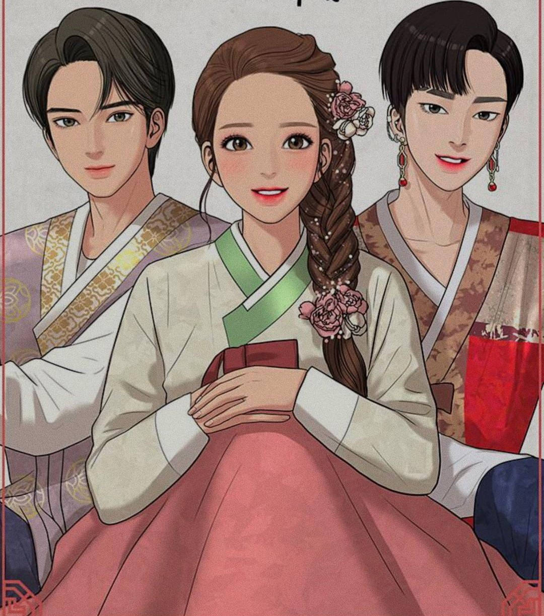 True Beauty 服飾傳統 壁紙 — 三位穿著傳統韓國韓服的優雅動漫角色，在柔和燈光和花卉髮飾下一起擺姿勢。