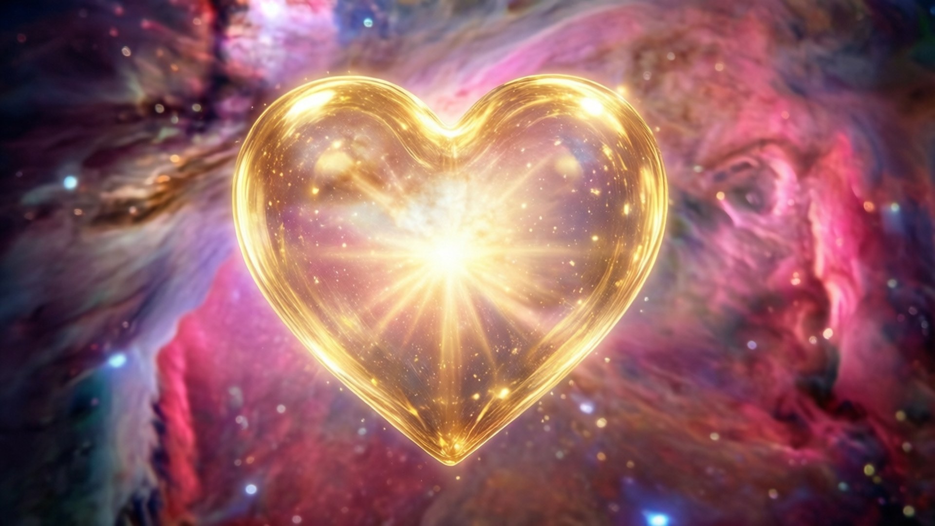 一顆發光的金色心臟漂浮在充滿星星的多彩宇宙星雲中