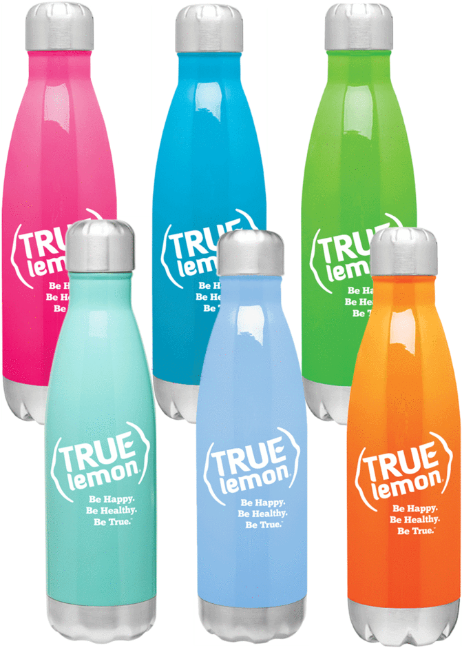 TRUE檸檬口味飲用水瓶 壁紙 — 六個色彩繽紛的 True Lemon 品牌不鏽鋼瓶，顏色包括粉紅、藍、綠、青綠、淺藍和橙色，以交錯的簇狀排列。