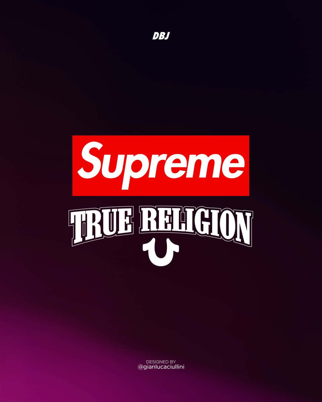 紫色漸變背景上的Supreme和True Religion標誌。