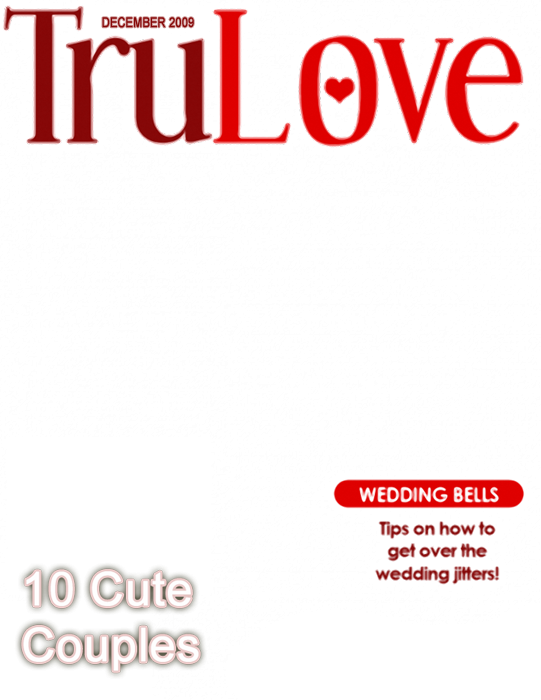 TruLove 雜誌封面 2009年12月 壁紙 — 大膽的紅色 'TruLove' 雜誌封面，白色文字在黑色背景上宣佈 '10 Cute Couples' 和 'Wedding Bells' 提示。