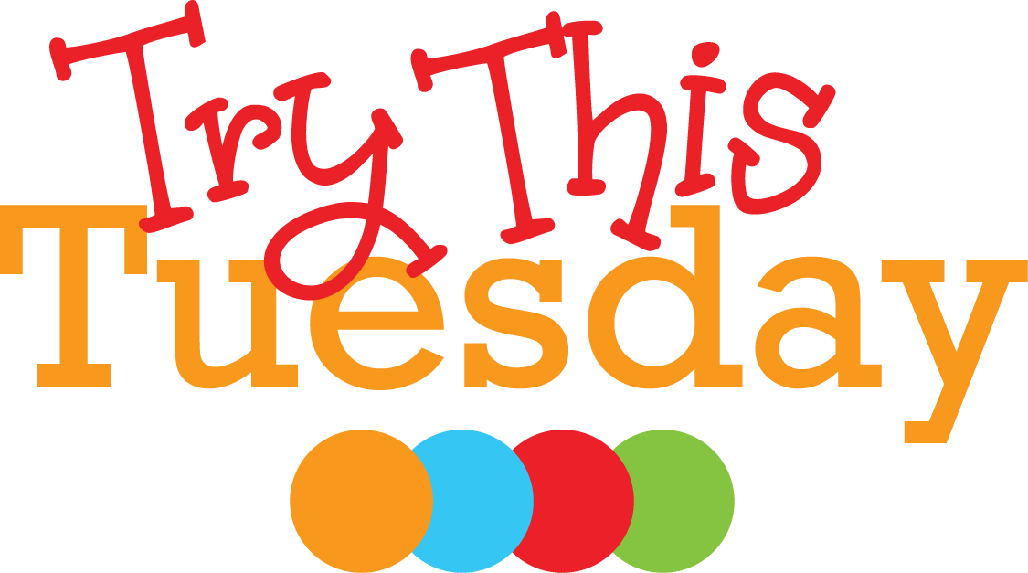 Try This Tuesday 標誌 壁紙 — 粗體紅色和橙色文字寫著「Try This Tuesday」，下方有彩色圓圈，背景為黑色。