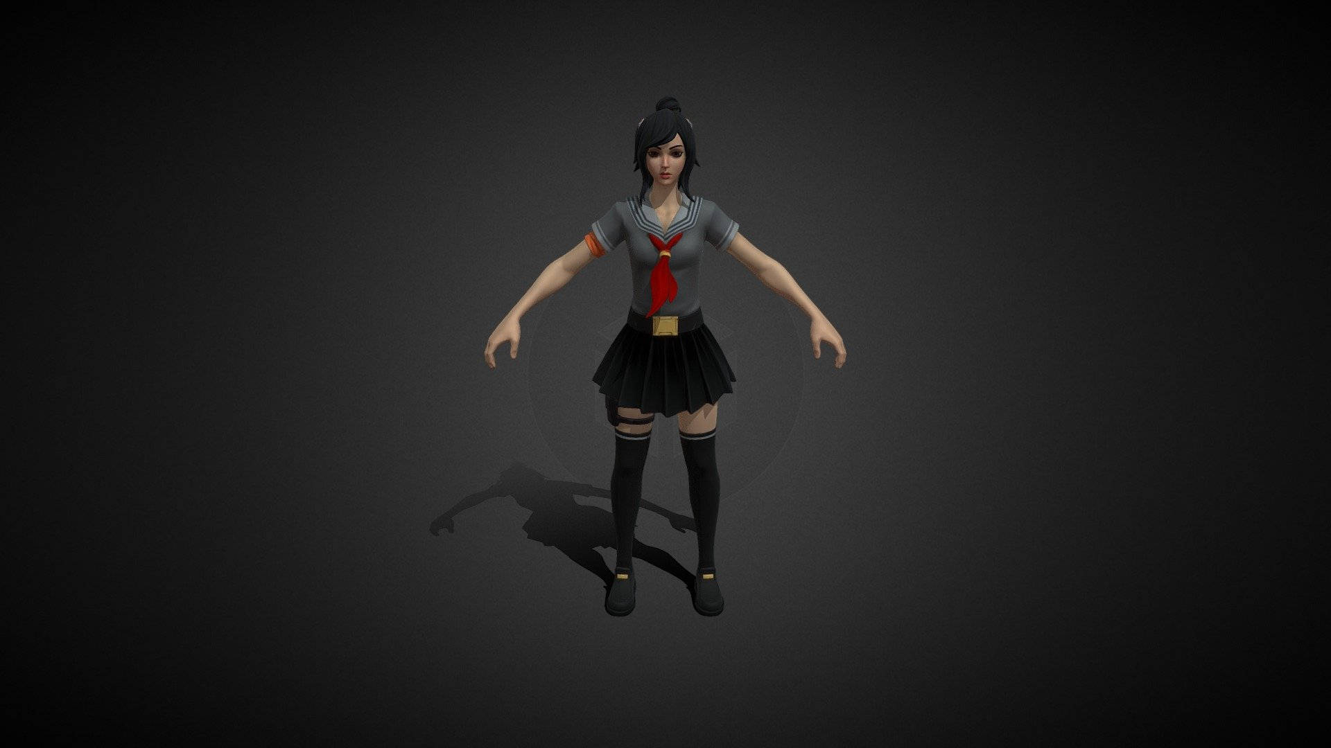 Tsuki Fortnite 人形造型 壁紙 — 一個3D渲染的動漫女孩，穿著灰色水手服、紅色領帶和黑色裙子，站在深色漸變背景中央。