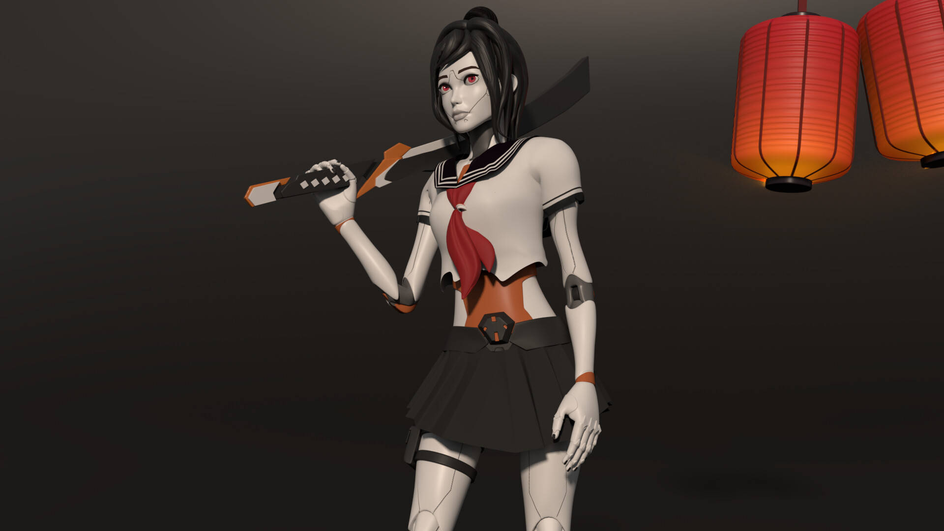 Tsuki Fortnite 中國燈籠 壁紙 — 一個風格化的動漫女孩穿著校服，在黑暗背景下手持武士刀，背景有發光的紅色燈籠。