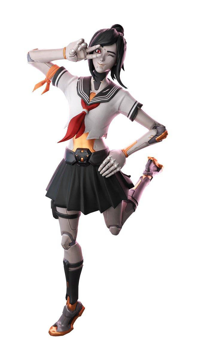 Tsuki《Fortnite》俏皮肖像 壁紙 — 一個擁有發光紅眼和機械肢體的網絡女學生，在白色背景前擺出俏皮的姿勢。