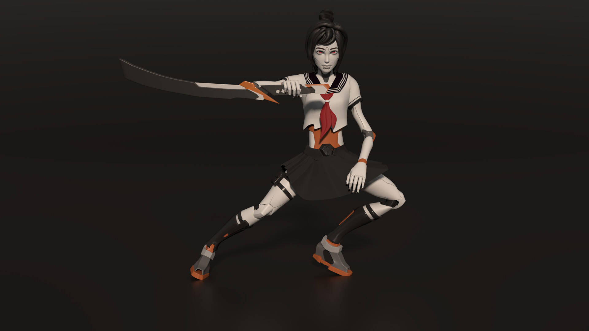 Tsuki Fortnite 剑術數位藝術 壁紙 — 一個風格化的動漫女孩穿著校服，在黑暗背景下以動態戰鬥姿勢揮舞著武士刀。