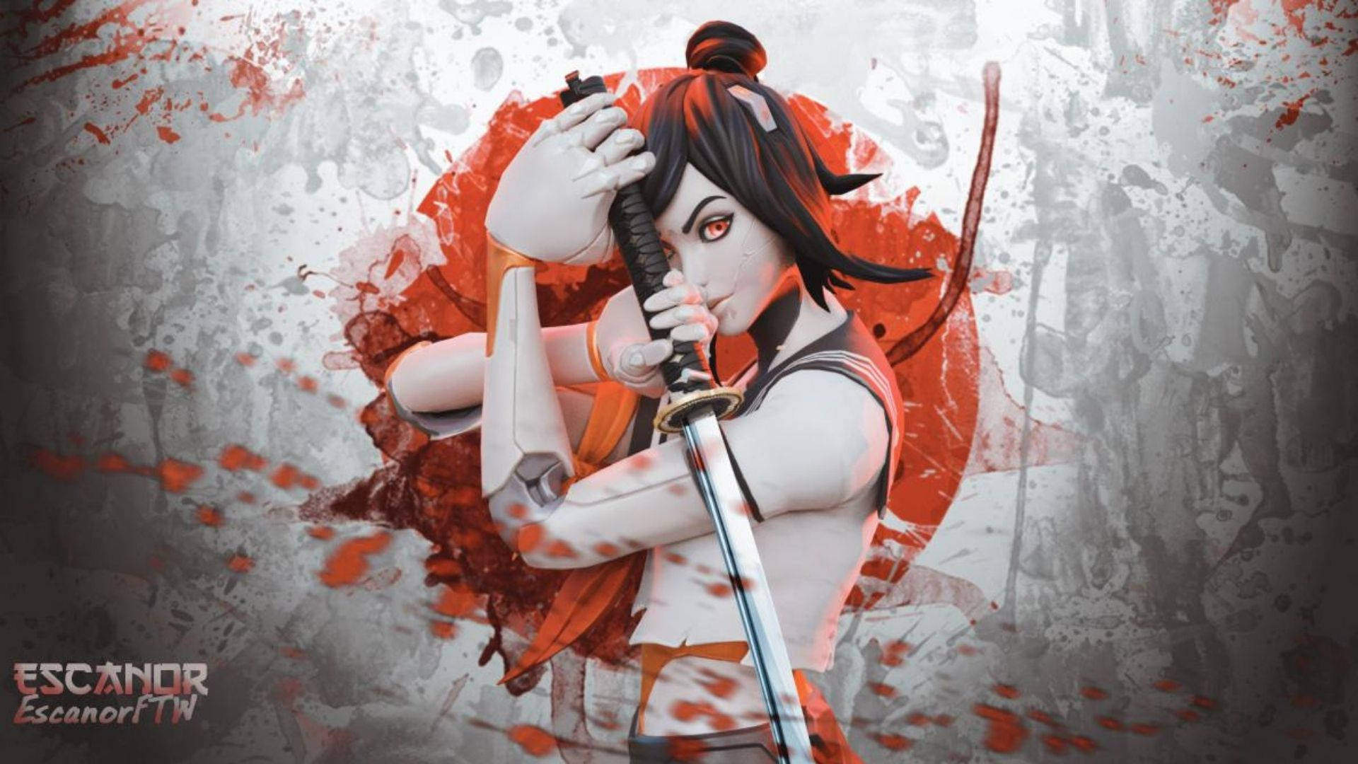 Tsuki Fortnite 剑術數位藝術 壁紙 — 一位兇猛的動漫戰士，黑髮紅眼，手握武士刀，背景粗糙，濺滿紅色油漆。
