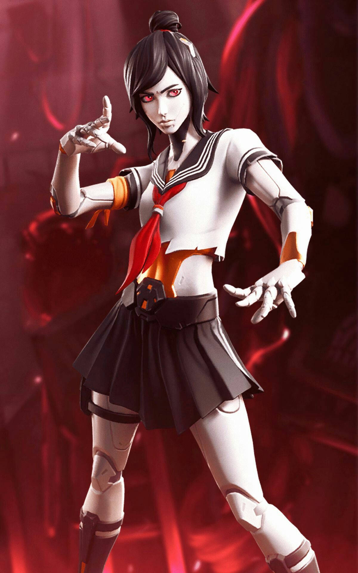 Tsuki Fortnite 戰鬥姿勢 壁紙 — 一個穿著校服的賽博格動漫女孩，在深紅色抽象背景前擺姿勢，眼睛發出紅光。