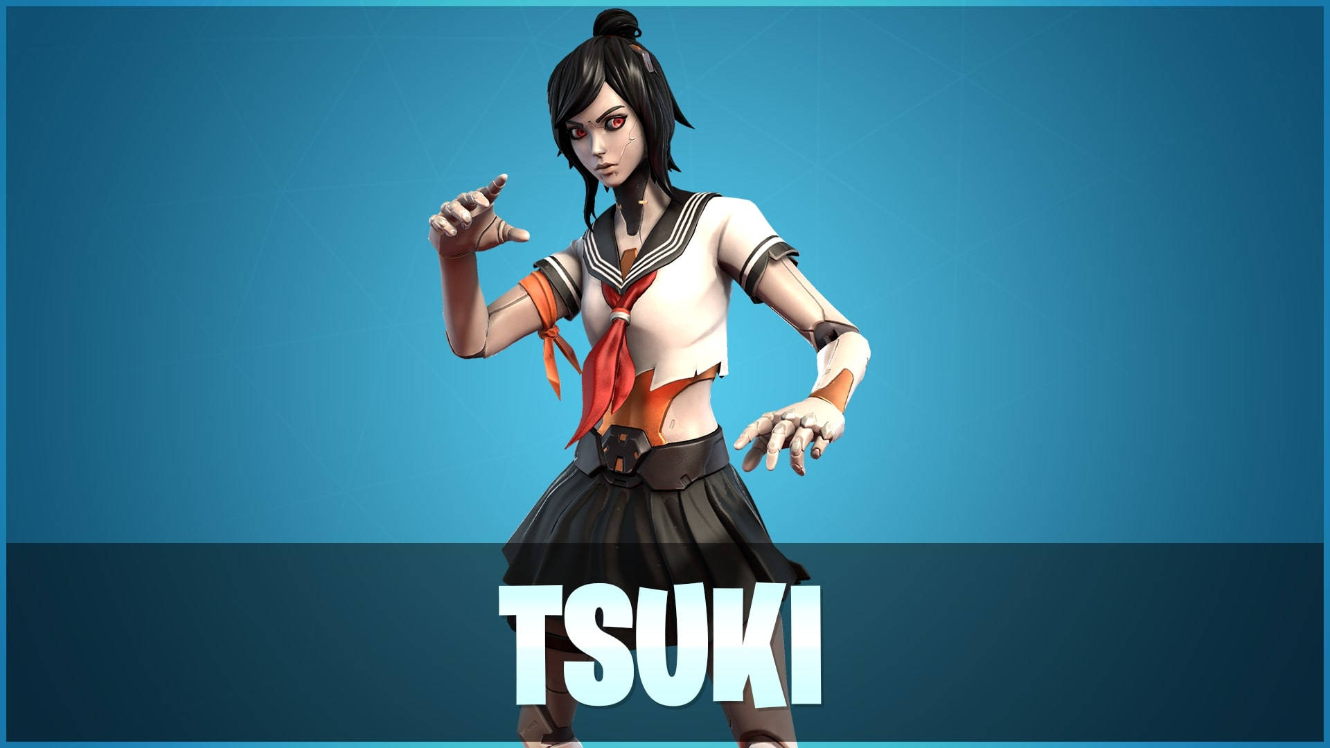 Tsuki Fortnite 戰鬥姿勢 壁紙 — 一個風格化的動漫女孩穿著破爛的水手服，在藍色漸變背景前擺姿勢，下方顯示名字 TSUKI。