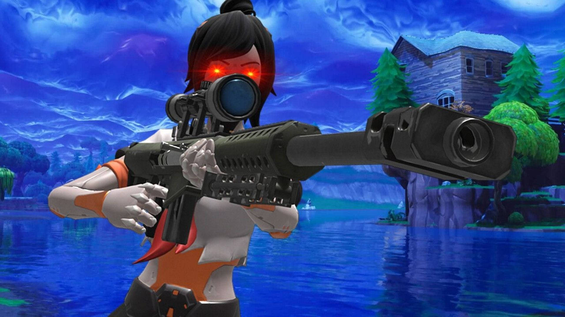 Tsuki Fortnite 持高威力步槍 壁紙 — 一個女性動漫角色，眼睛發出紅光，在暴風雨藍天下用狙擊步槍瞄準湖邊小屋。