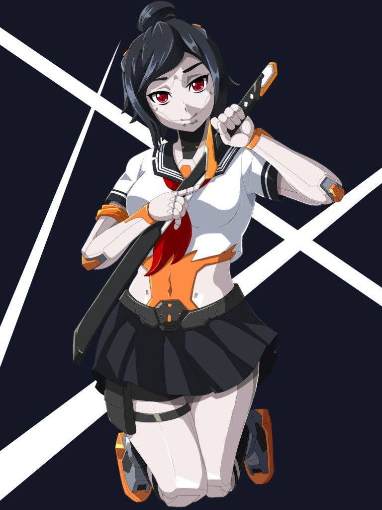 Tsuki Fortnite 數位藝術 壁紙 — 一個風格化的動漫女孩穿著改裝的校服，在帶有白色斜線的深色背景上揮舞著武士刀。
