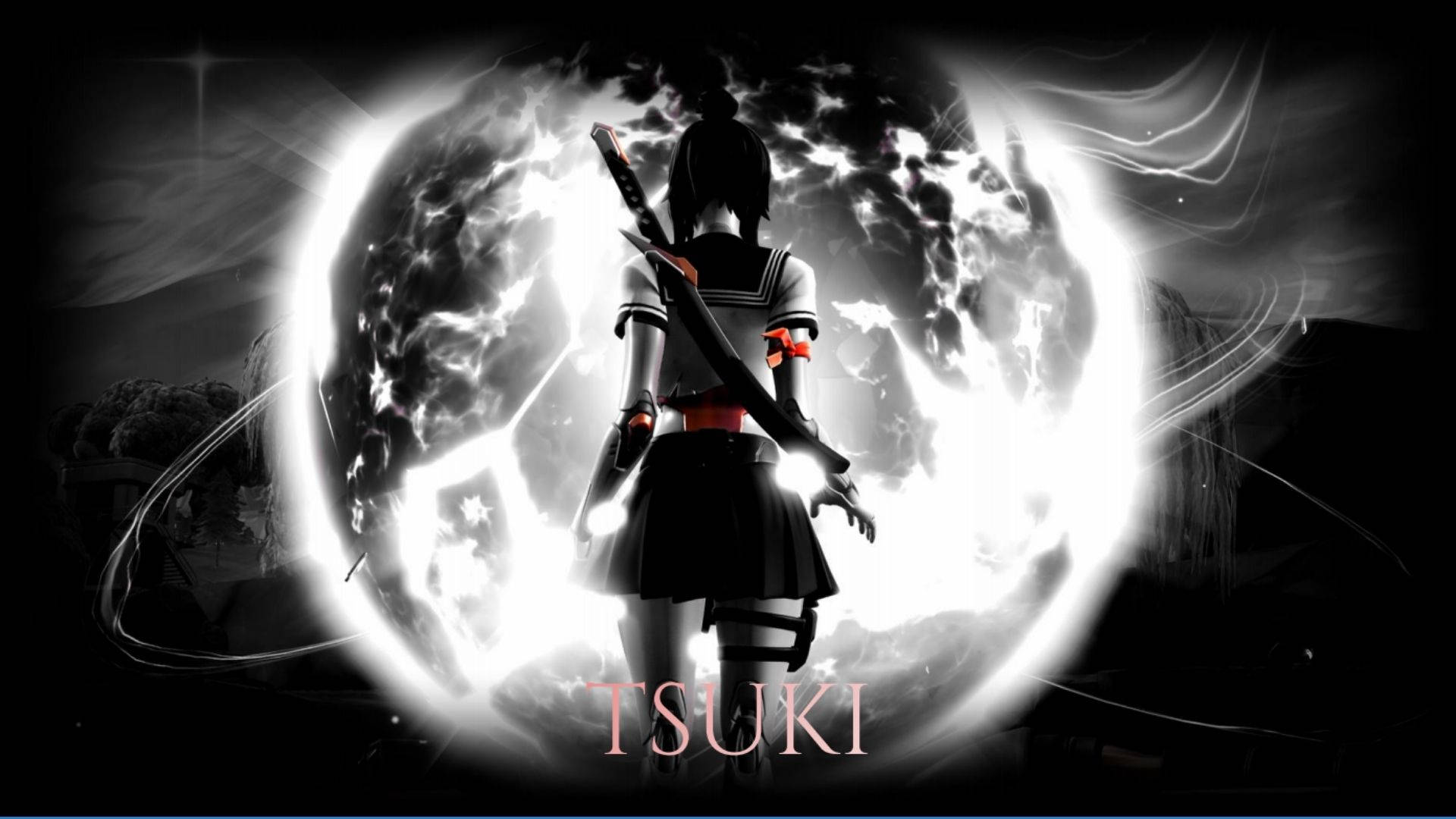 Tsuki Fortnite 滿月 壁紙 — 一個黑髮的動漫女孩穿著校服，手持武士刀，站在一個發光的宇宙球體前，呈現高對比度的黑白場景。