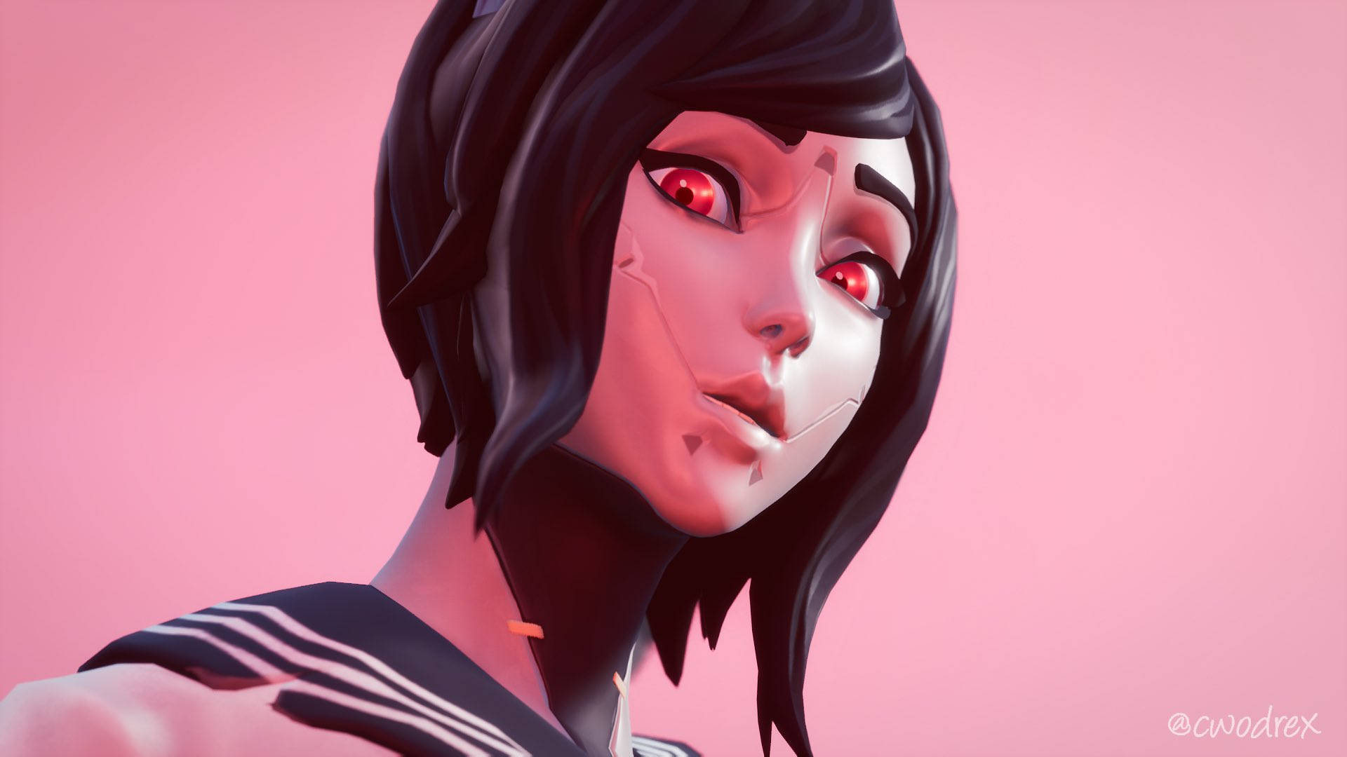 Tsuki Fortnite 無害神情 壁紙 — 一個風格化的動漫女孩，擁有發光的紅色眼睛和深色頭髮，背景是柔和的粉紅色。