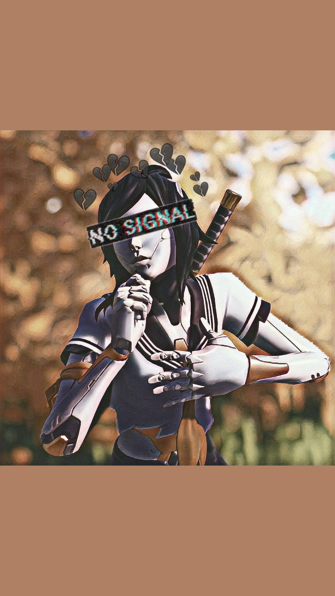 Tsuki Fortnite 無訊號 壁紙 — 一個風格化的動漫女孩穿著校服，手持麥克風，眼睛上有「NO SIGNAL」文字，頭頂漂浮著破碎的心形圖標。