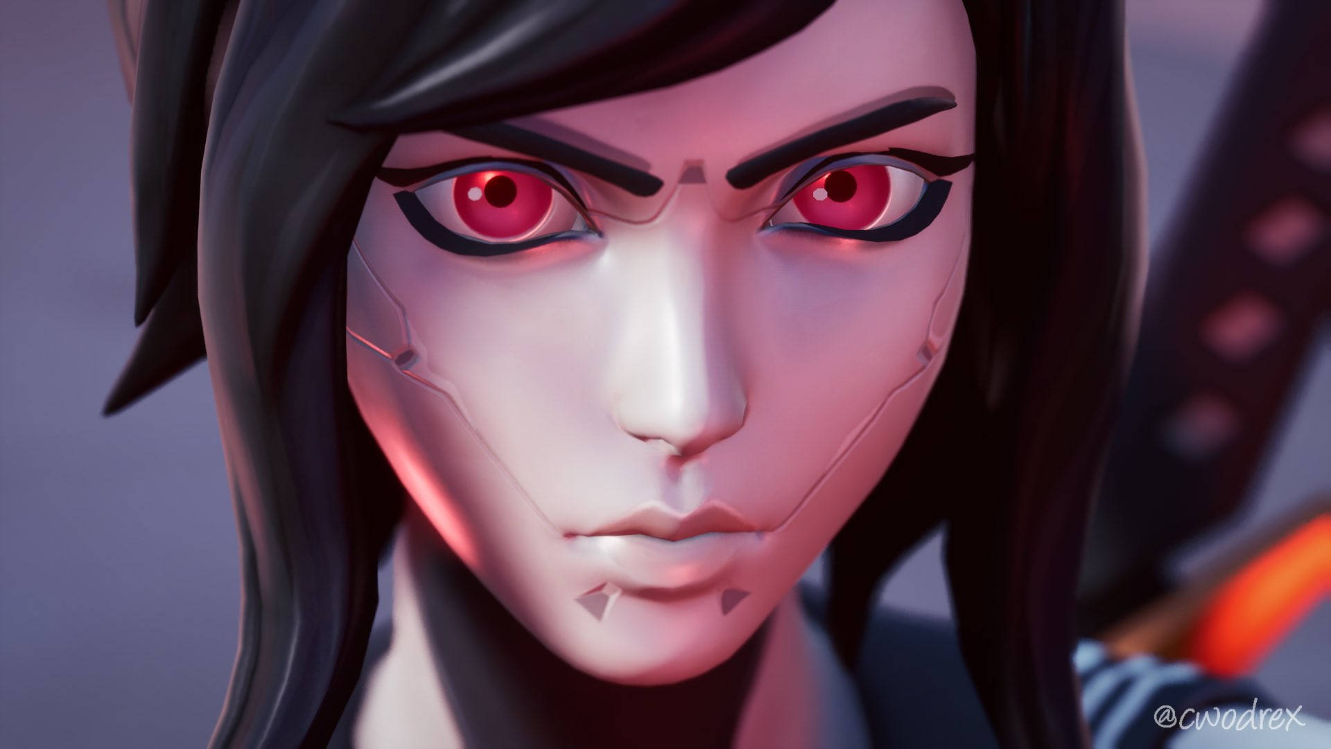 Tsuki Fortnite 熱烈凝視 壁紙 — 近距離拍攝一位賽博龐克動漫女孩，擁有發光的紅色眼睛和深色頭髮，手持一把劍。
