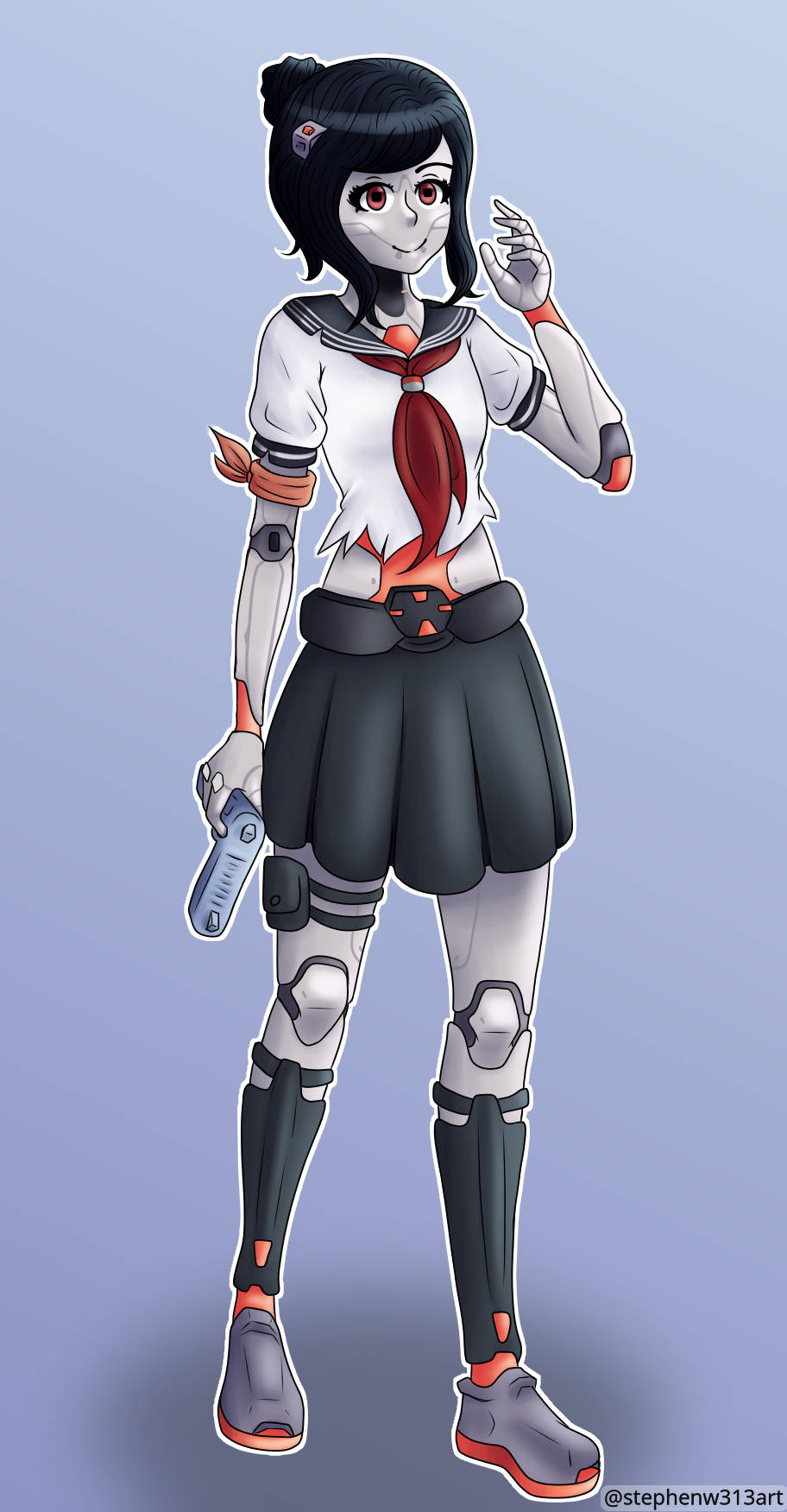 動漫女孩穿著賽博龐克水手服在藍色背景前拿著裝置