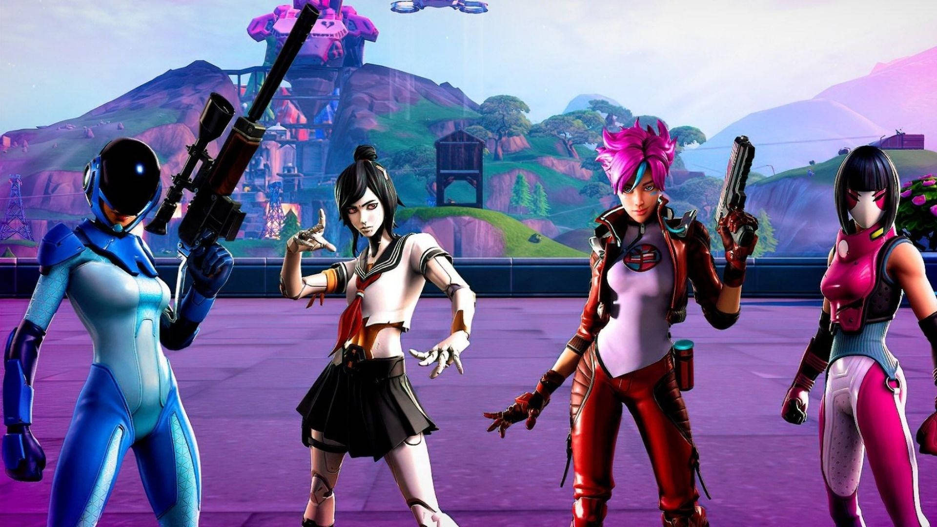 Tsuki Fortnite 競技場第9季 壁紙 — 四個風格化的電子遊戲角色穿著色彩繽紛的服裝，在紫色平台上手持武器，背景是充滿活力的卡通風景。