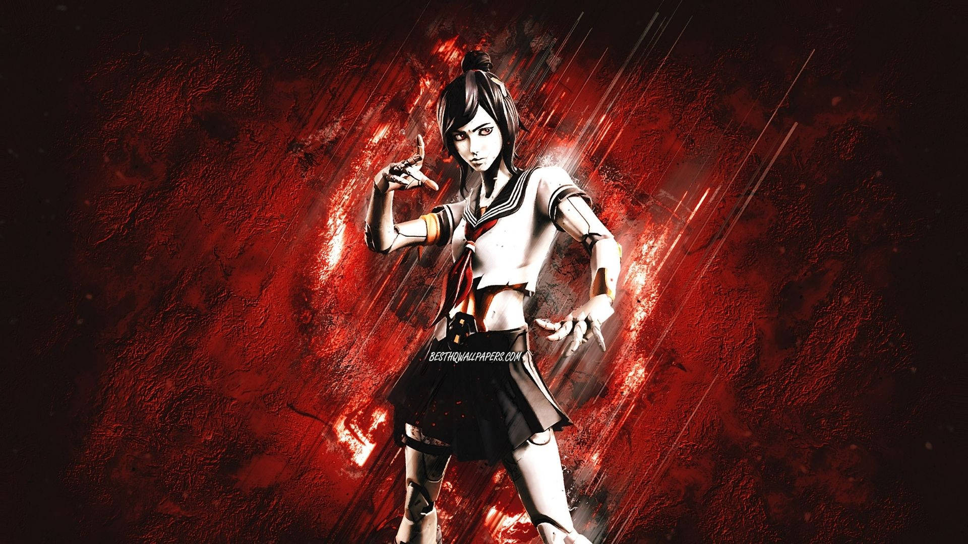 Tsuki Fortnite 紅色海報 壁紙 — 一個風格化的動漫女孩穿著校服，在帶有發光條紋的火紅抽象背景前挑釁地站立。