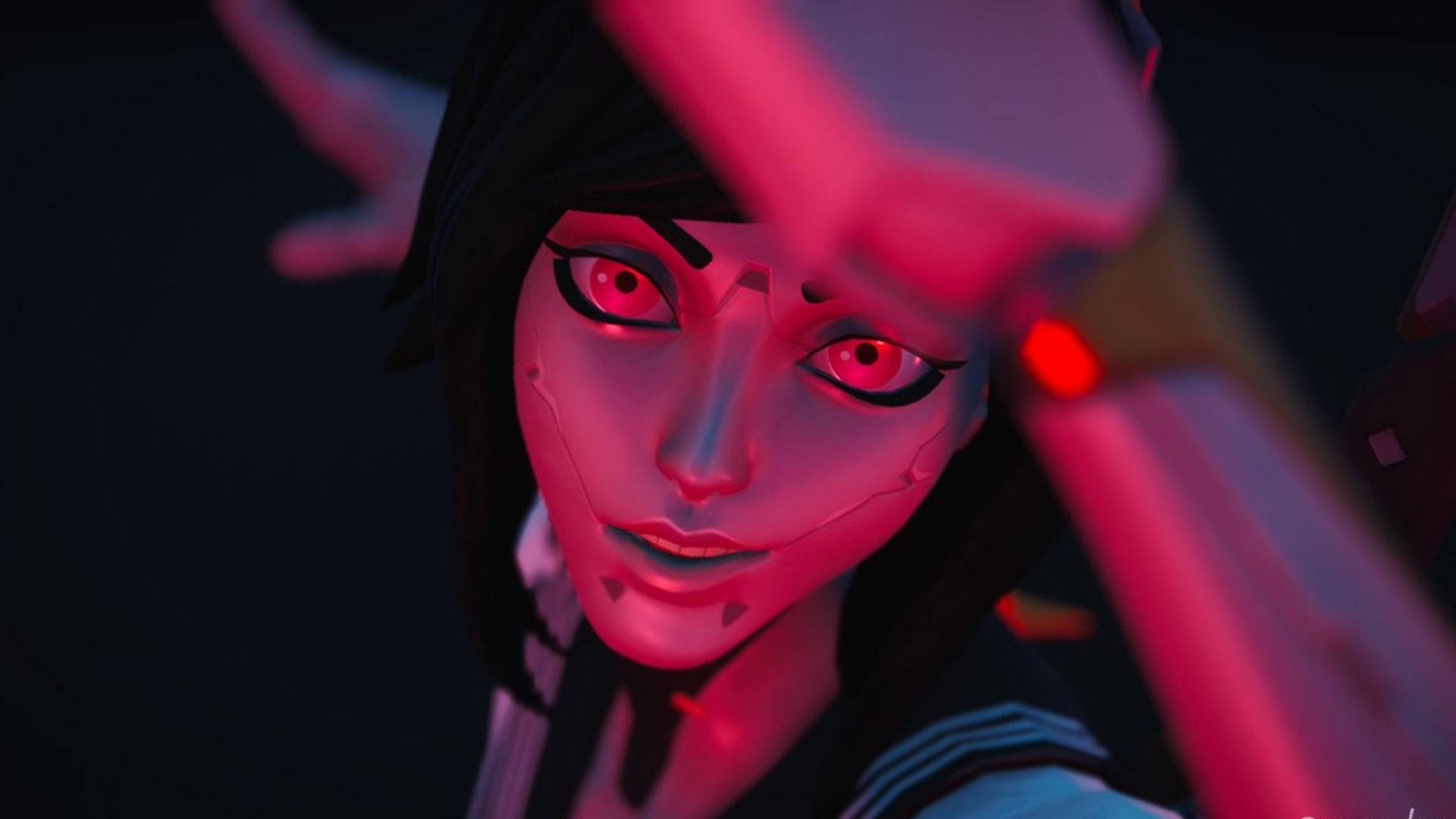 Tsuki Fortnite 紅光 壁紙 — 一個風格化的動漫女孩，擁有發光的紅色眼睛和深色頭髮，在霓虹粉紅燈光下強烈凝視。