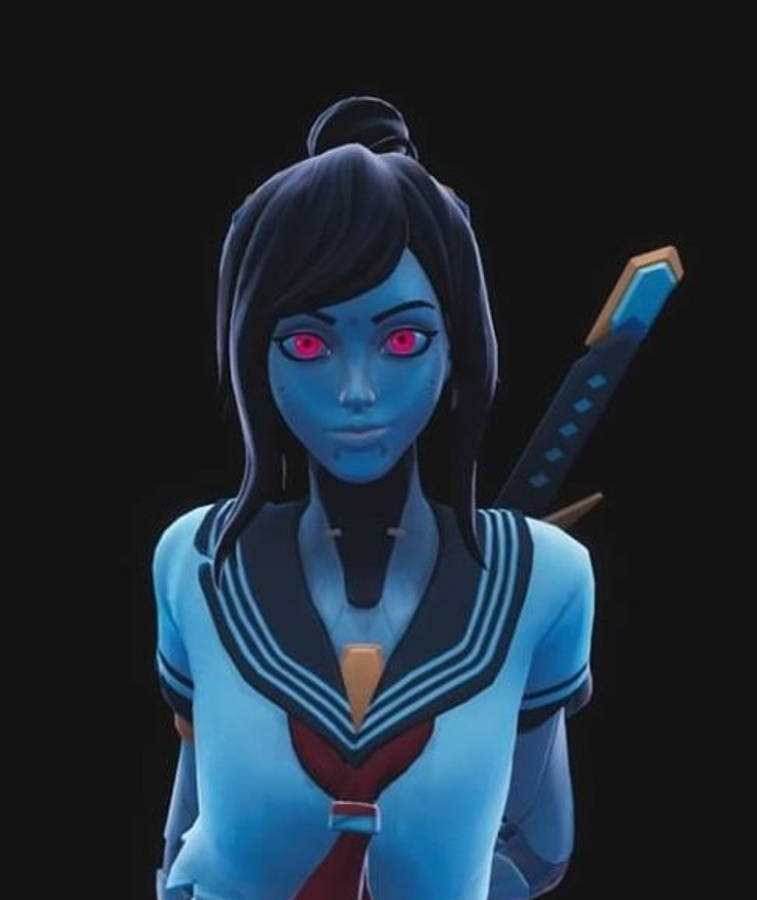 Tsuki Fortnite 藍色肌膚 壁紙 — 一個藍皮膚的動漫女孩，發光的紅眼睛和一把武士刀，穿著校服站在黑色背景前。