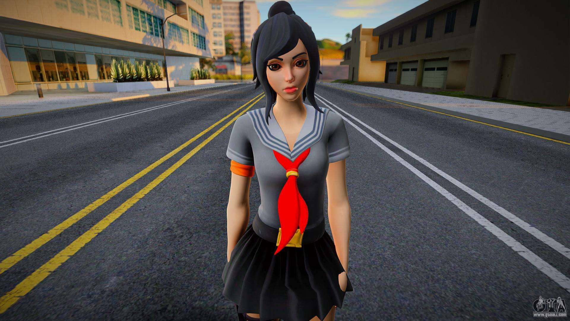 Tsuki Fortnite 道路 壁紙 — 一個身穿水手服的3D渲染動畫女孩站在一條空蕩蕩的城市街道中央，街道兩旁有現代建築和黃色道路標線。