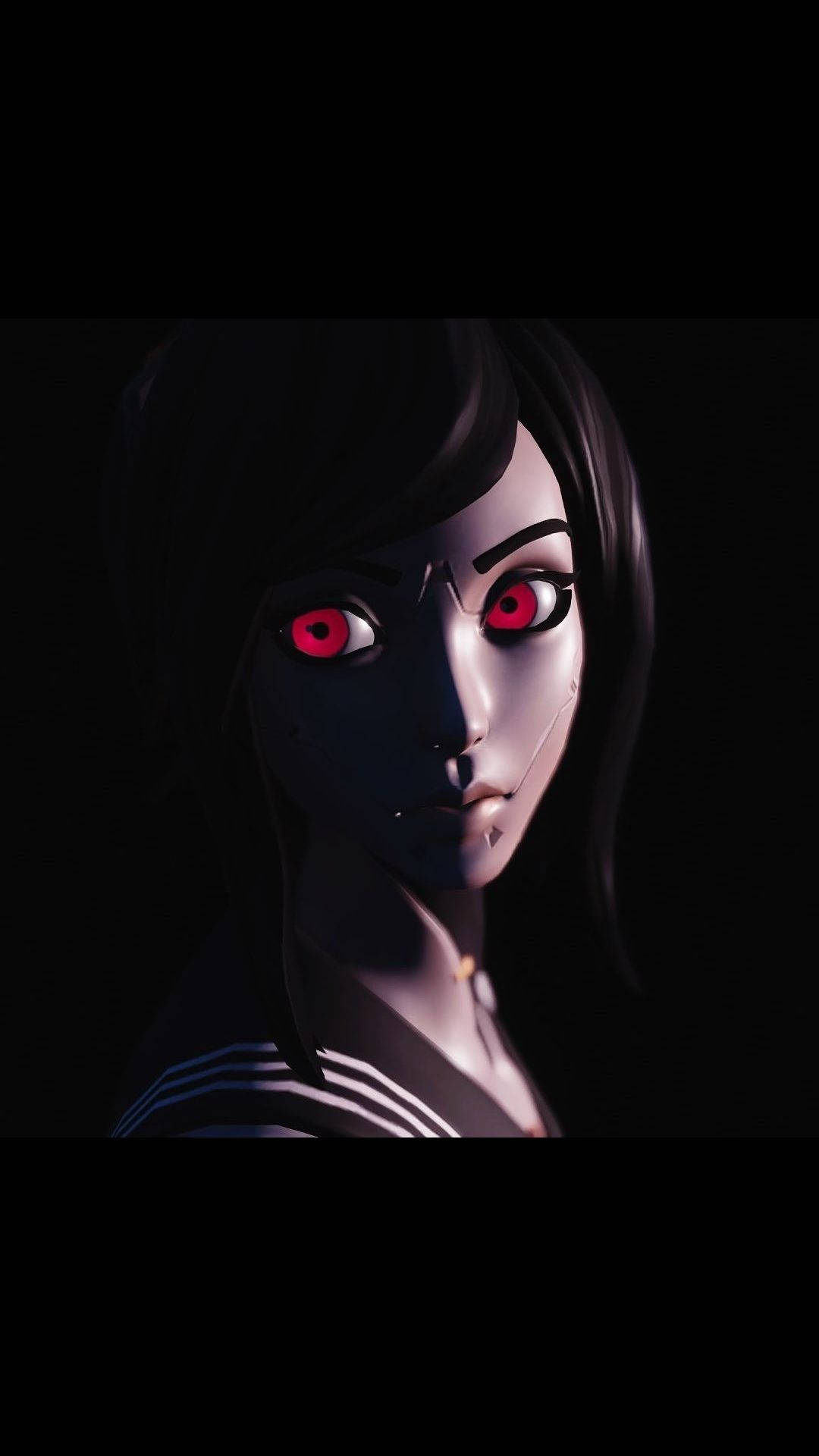 Tsuki Fortnite 銳利雙眸 壁紙 — 一個黑暗動漫女孩，擁有發光的紅眼睛和黑髮，在黑色背景下強烈凝視。