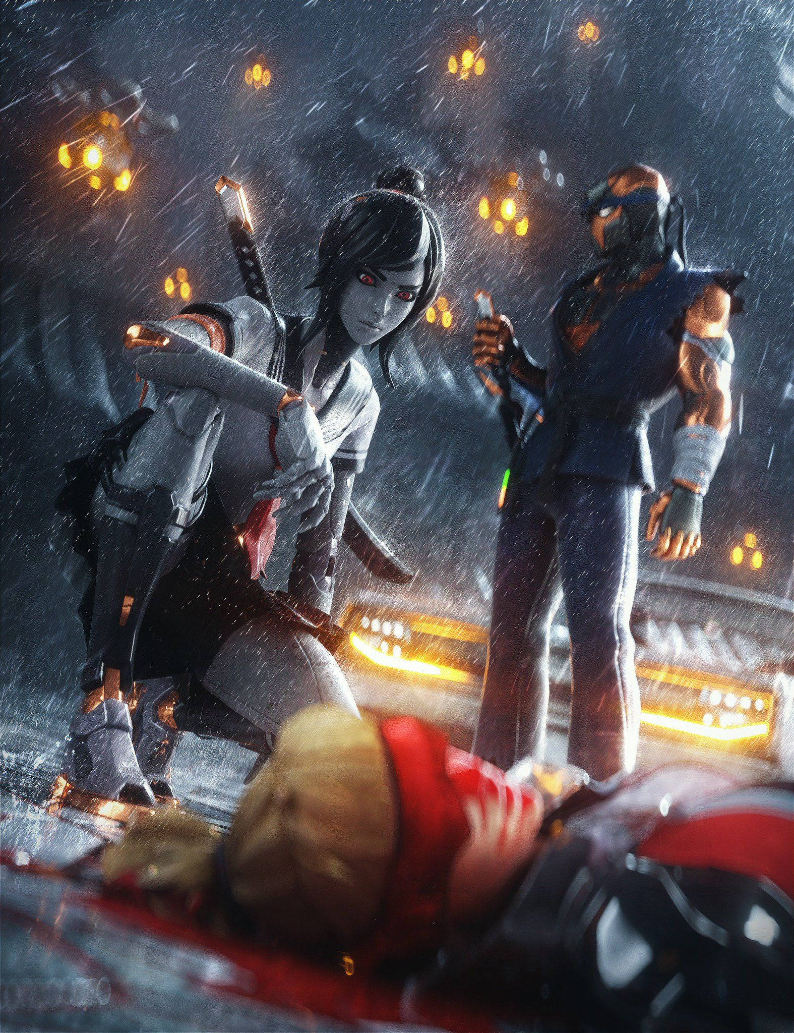 Tsuki Fortnite 雨夜 壁紙 — 兩名裝甲戰士在夜晚站在被雨水浸透的城市小巷中，一人跪在倒下的同伴身旁，眼睛發光，武器已拔出。