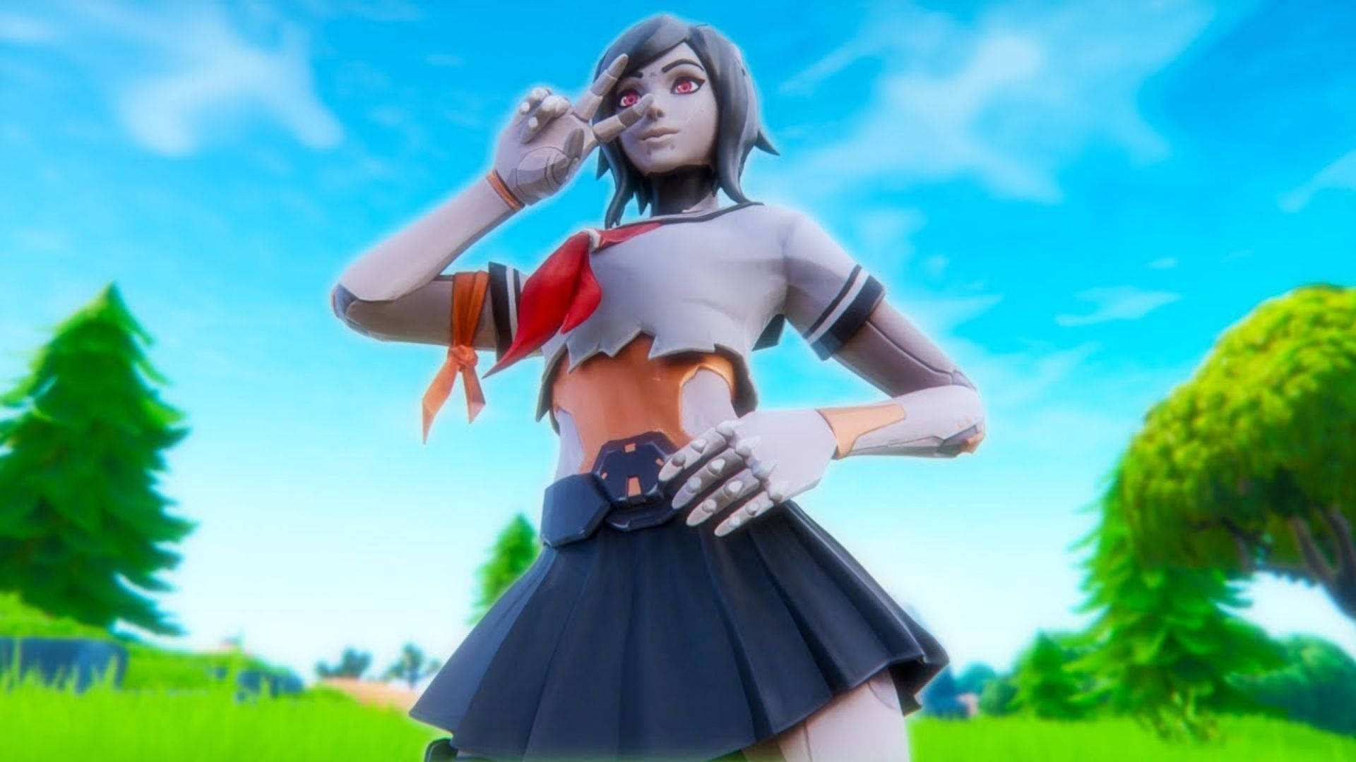 Tsuki Fortnite 青春和平手勢 壁紙 — 一個穿著校服的機械動畫女孩在晴朗藍天下自信地擺姿勢於明亮的綠色田野中。
